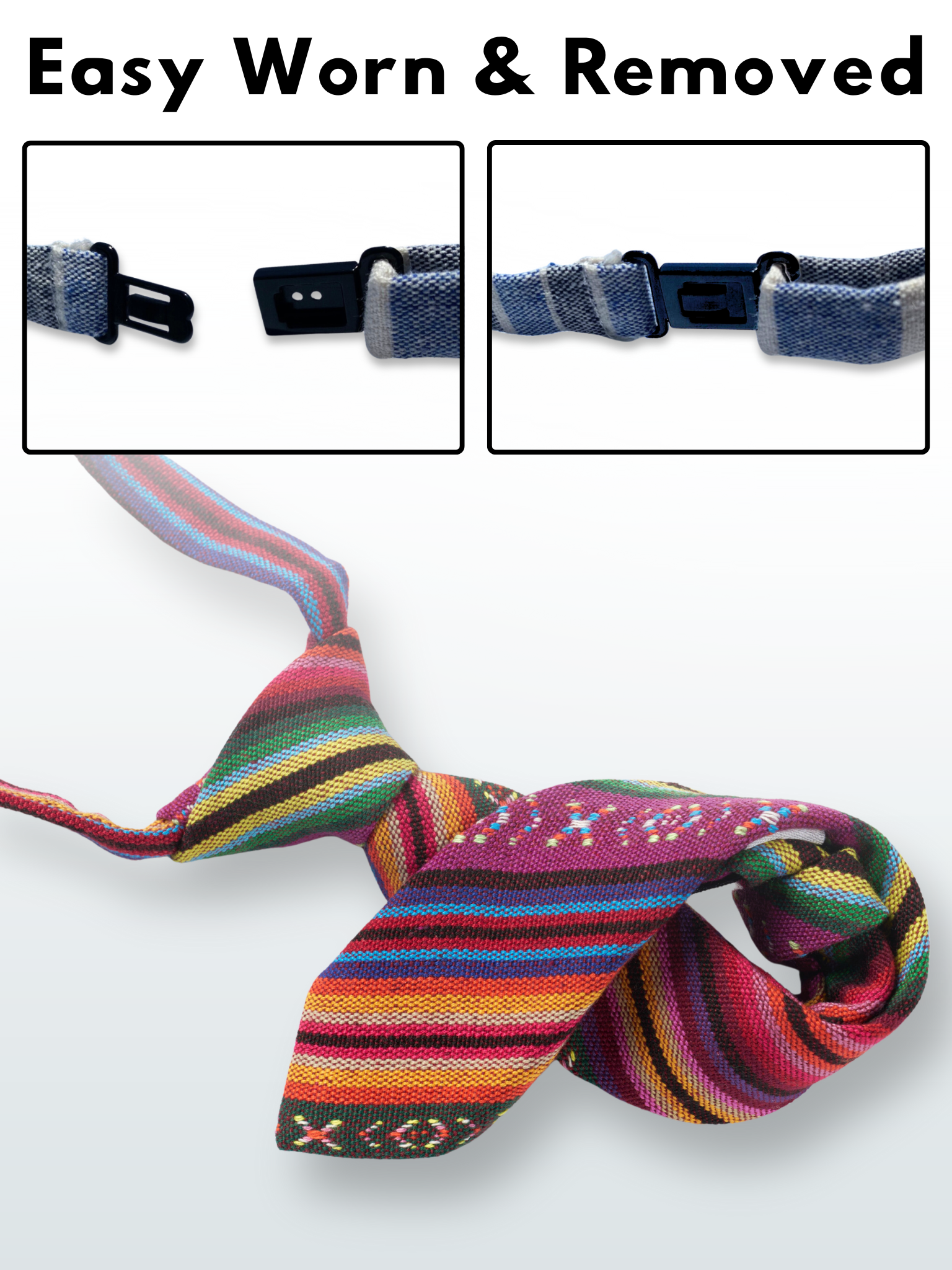 A folded cotton striped necktie for boys with purple stripes, green and yellow lines, orange and red bars.