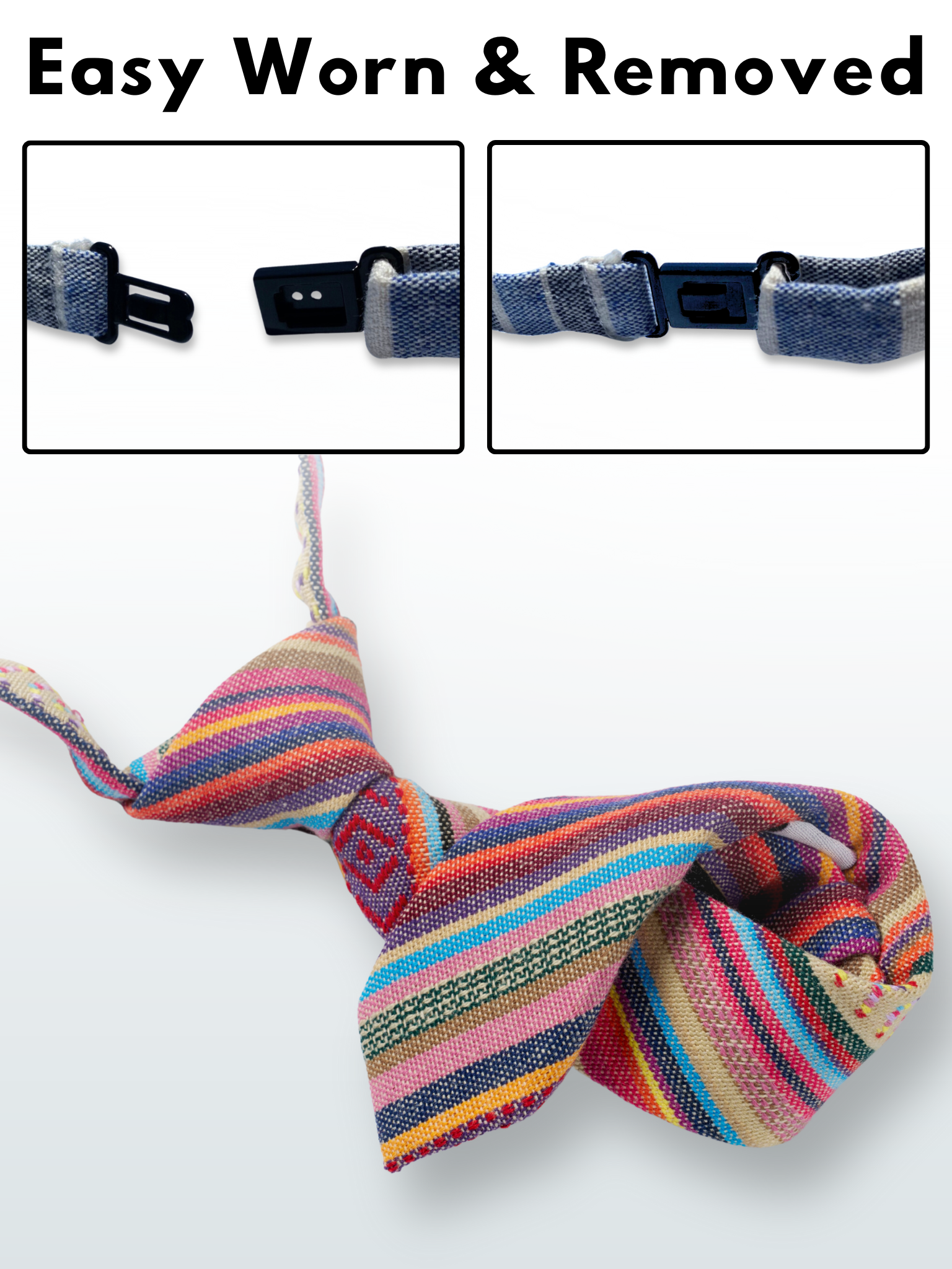 A folded cotton striped necktie for boys with blue stripes, orange lines, red bars and cross designs.