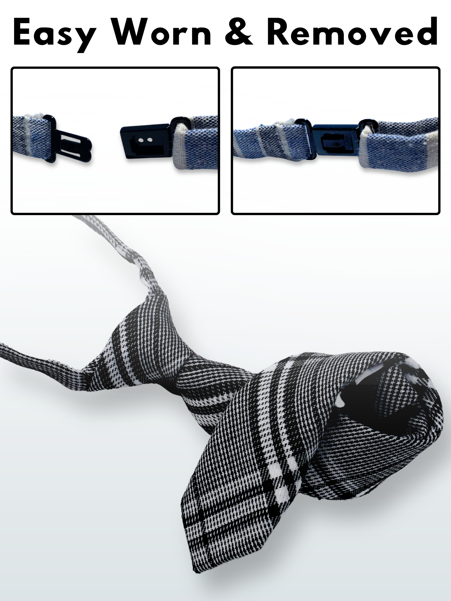 A folded cotton plaid necktie for boys with black plaid pattern with light gray stripes, and diagonal white bars.