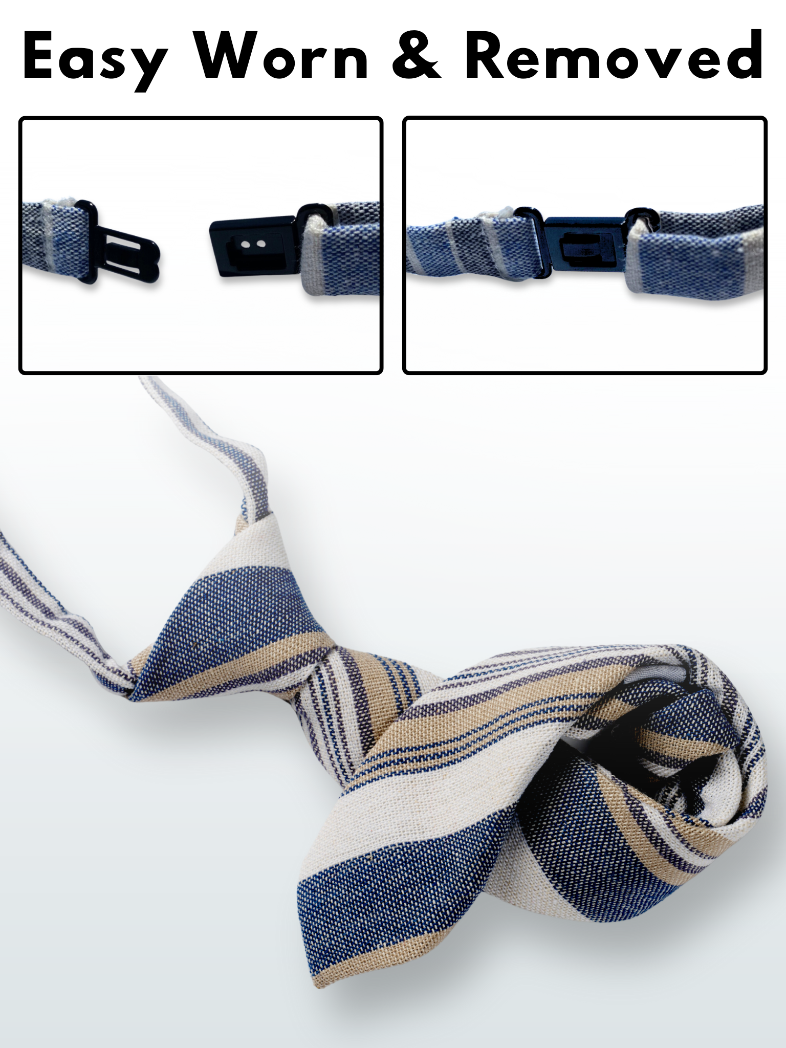 A folded cotton striped necktie for boys with thin dark blue stripes, white lines, gold bars and diagonal designs.