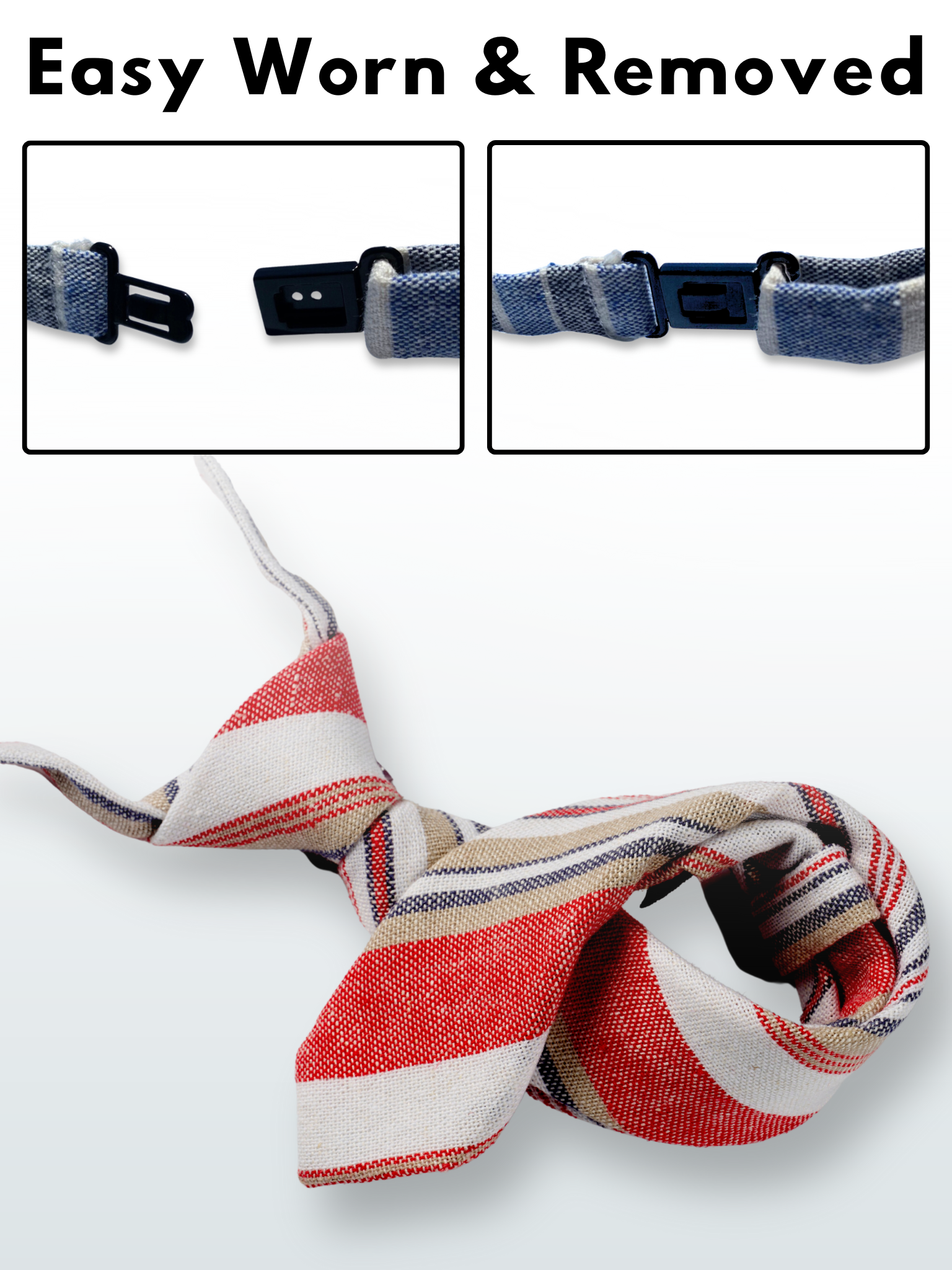 A folded cotton striped necktie for boys with blood red stripes, white lines, gold bars and diagonal designs.