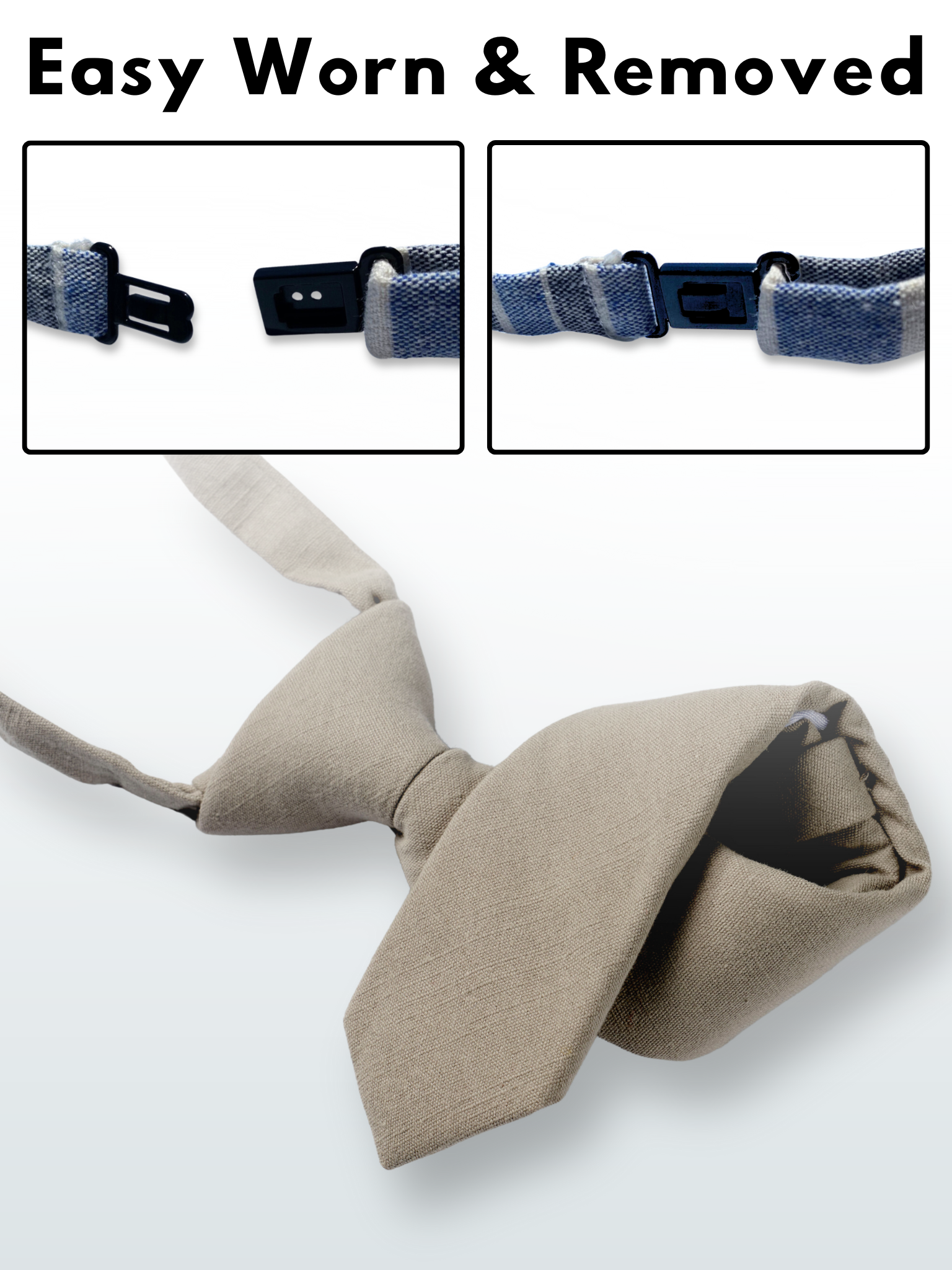 A folded cotton solid necktie for boys with a netural very light brown or sandy tan/gray  color.