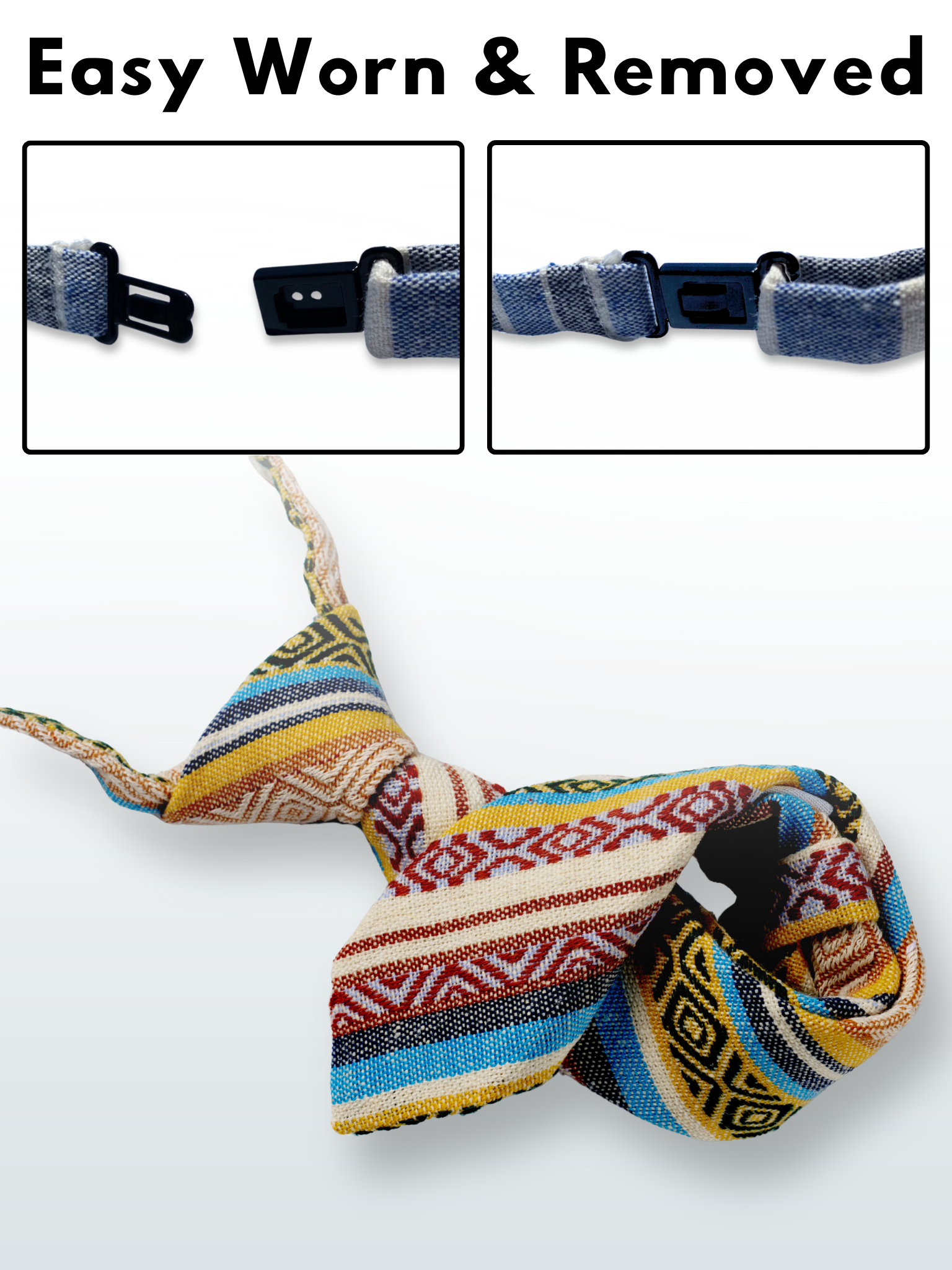 A folded cotton striped necktie for boys with yellow stripes, blue lines, beige bars and Native American designs.