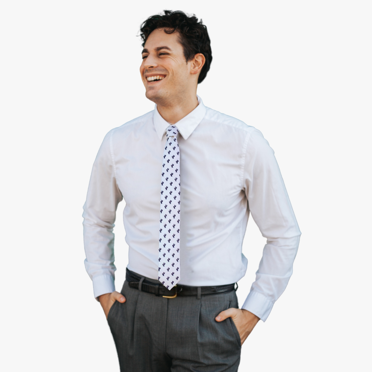 A man wearing a Arizona desert cactus tie with black cacti outlines on a simple white fabric.