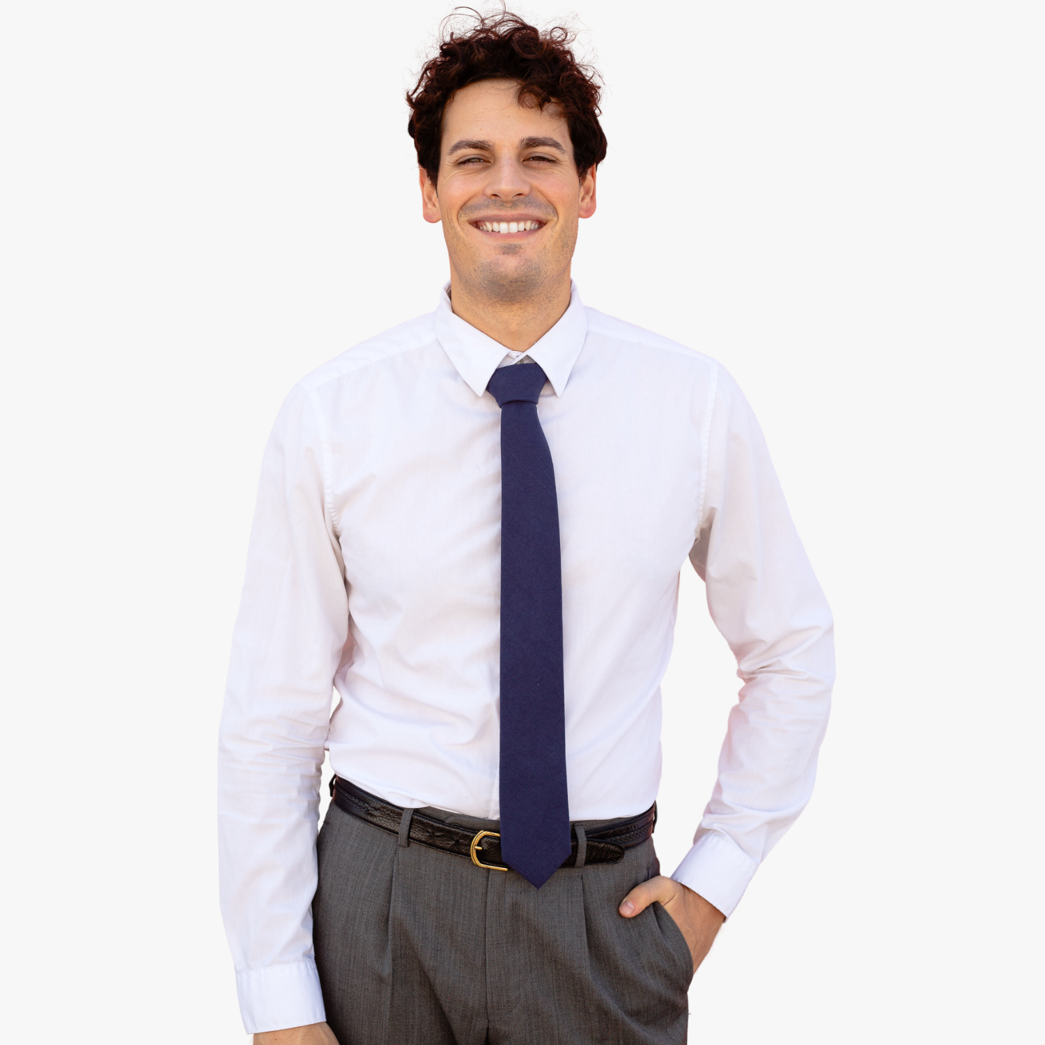A man with a solid tie with a plain navy blue color.