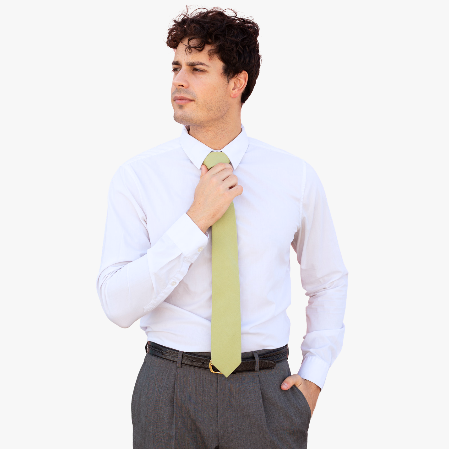 A man with a solid tie with a plain neutral light green color.