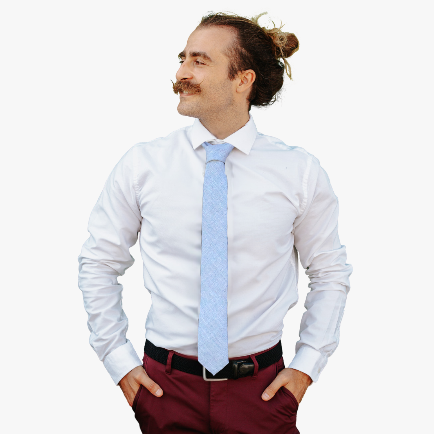 A man wearing a solid speckled tie with plain light stone gray fabric.