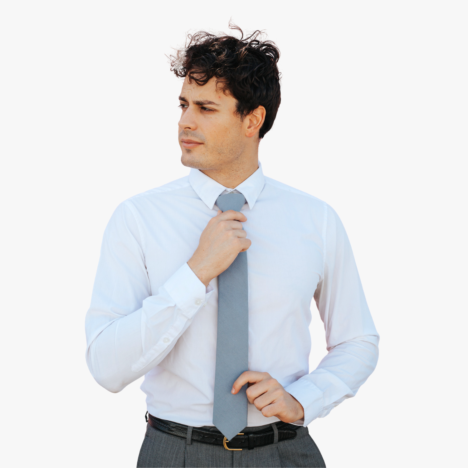 A man with a solid tie with a plain neutral light gray-blue color.