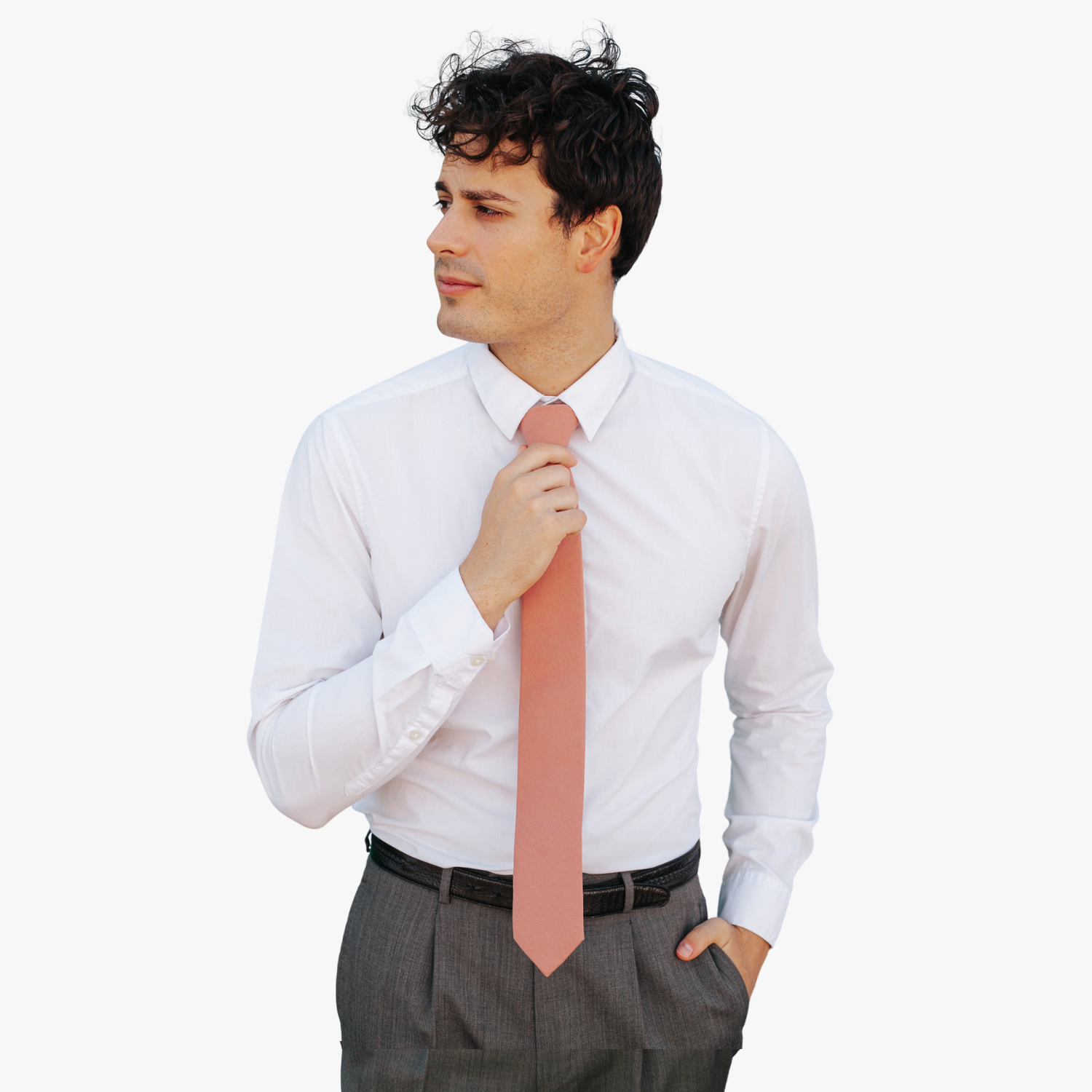 A man with a solid tie with a plain rosewood rosegold light pink color.