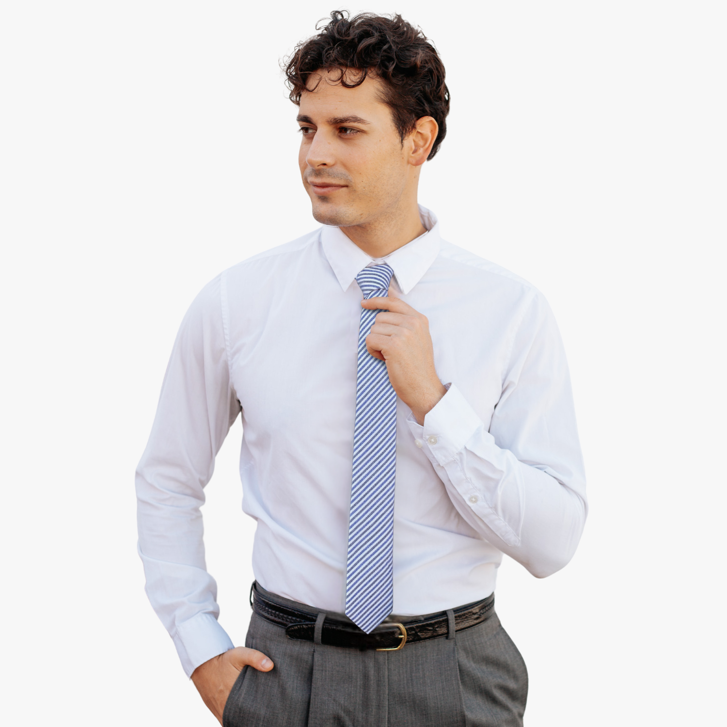 A man wearing a striped tie with equally sized lines of white, blue, and gray in a repeating pattern.