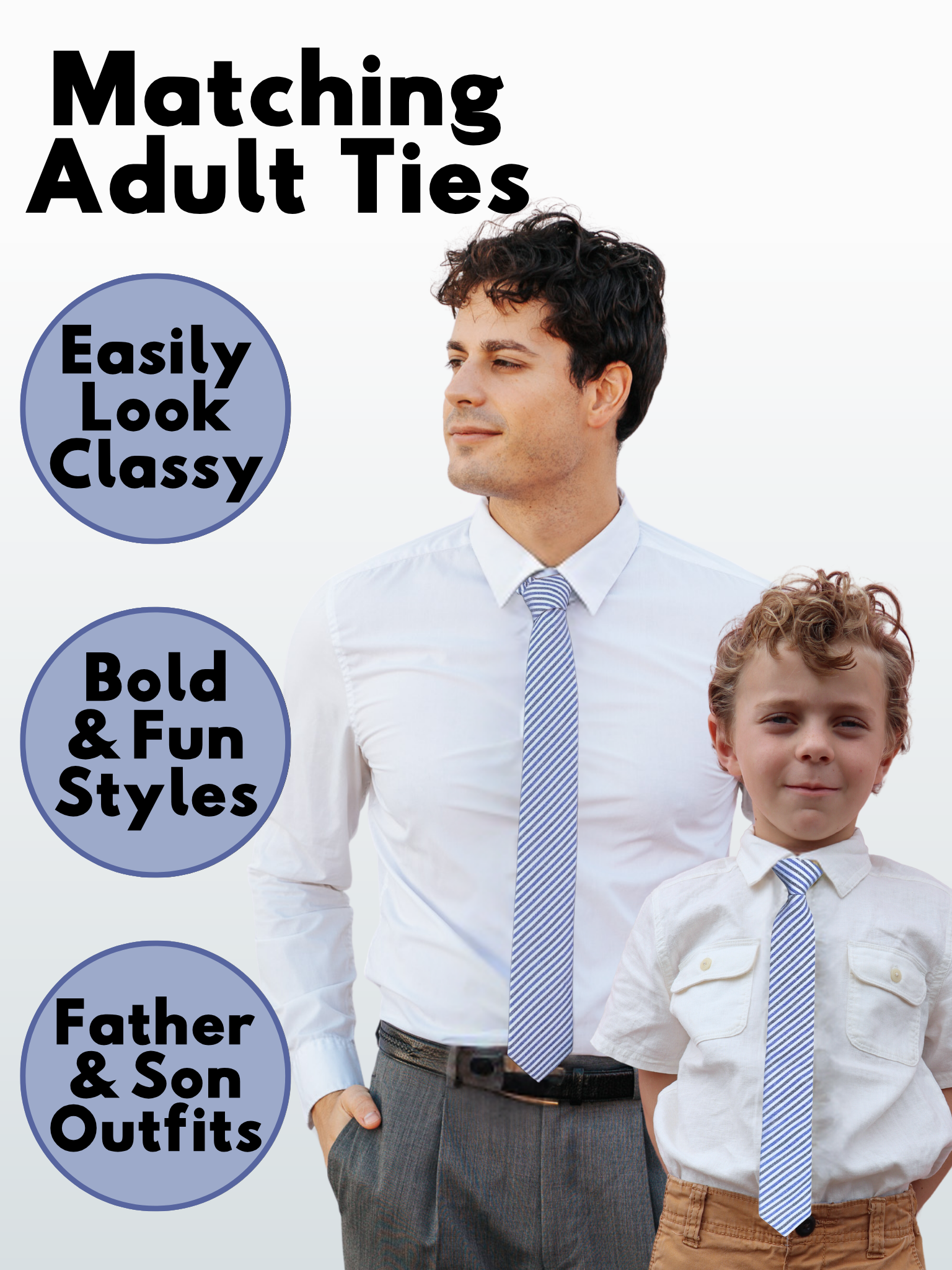 A man in a white, blue, and gray striped modern slim necktie that is 2.5 inches wide and made of cotton.