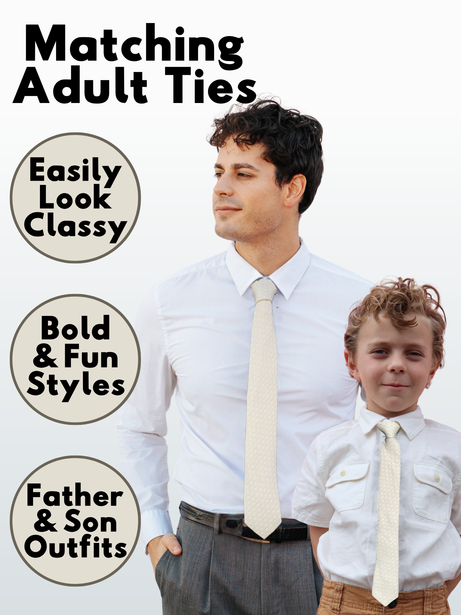 A man in a khaki tan and white polka dot modern slim necktie that is 2.5 inches wide and made of cotton.