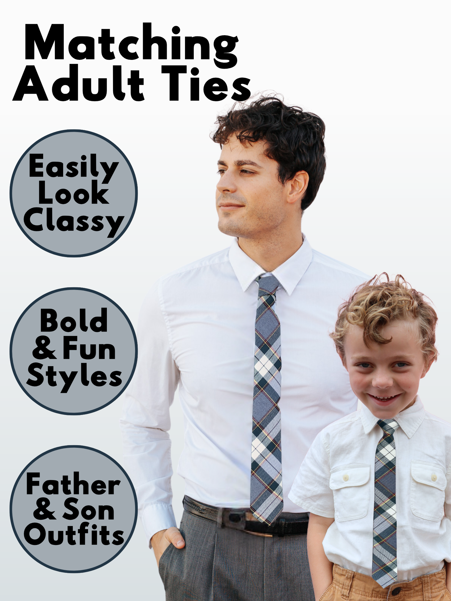 A man in a gray, red, yellow, and white plaid modern slim necktie that is 2.5 inches wide and made of cotton.