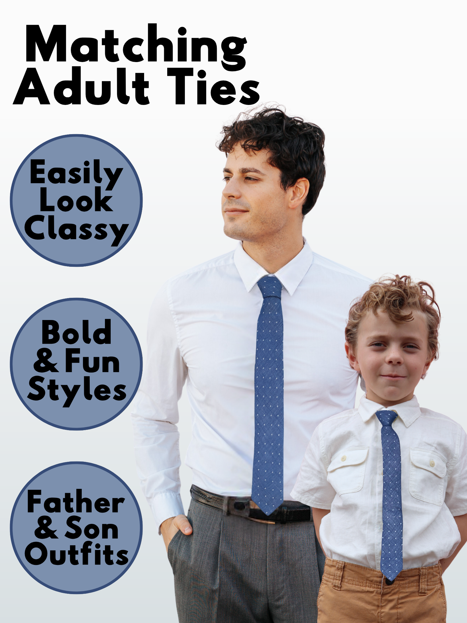 A man in a navy blue and white polka dot modern slim necktie that is 2.5 inches wide and made of cotton.