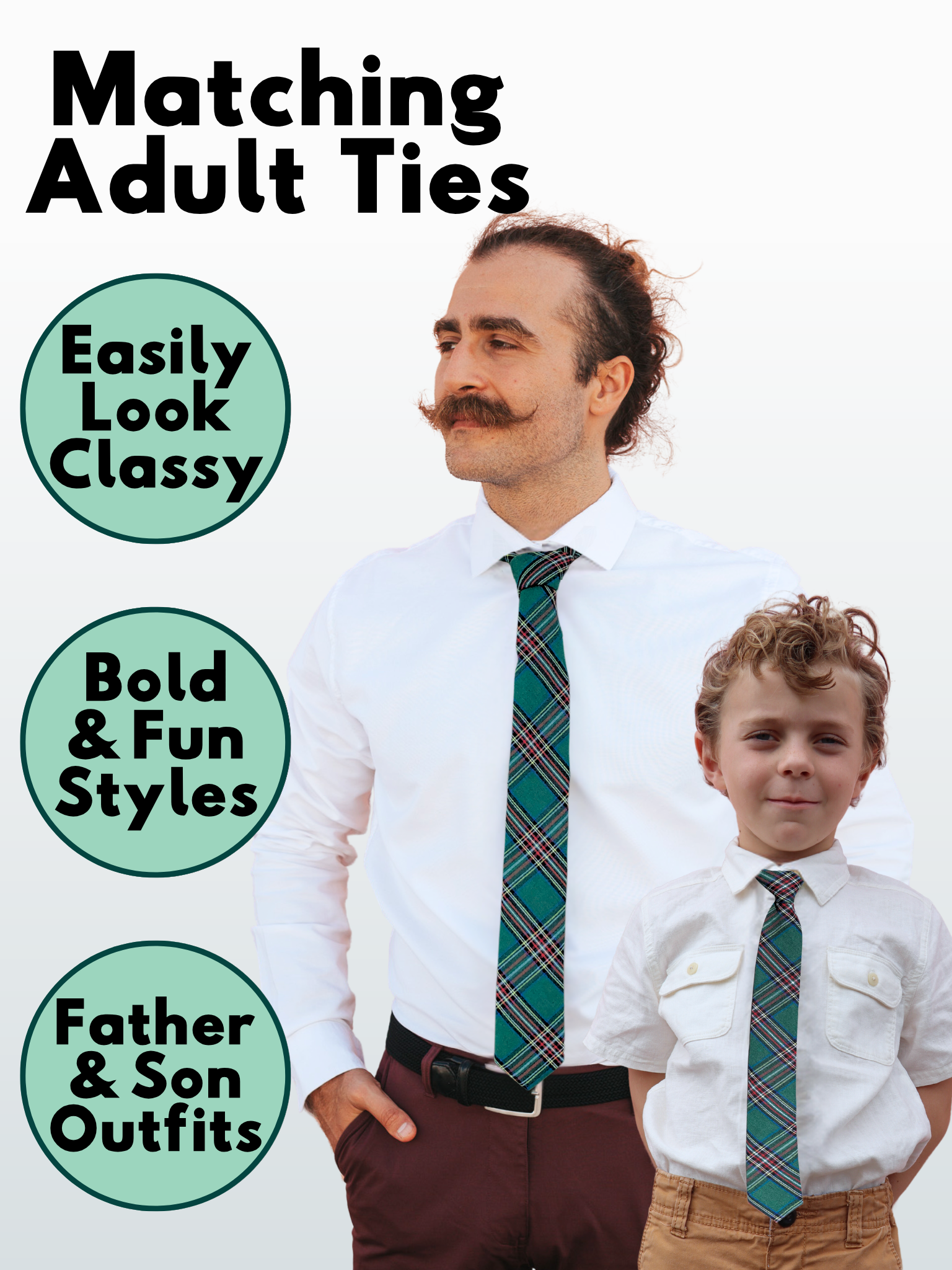 A man in a red, white, yellow, and dark green plaid modern slim necktie that is 2.5 inches wide and made of cotton.