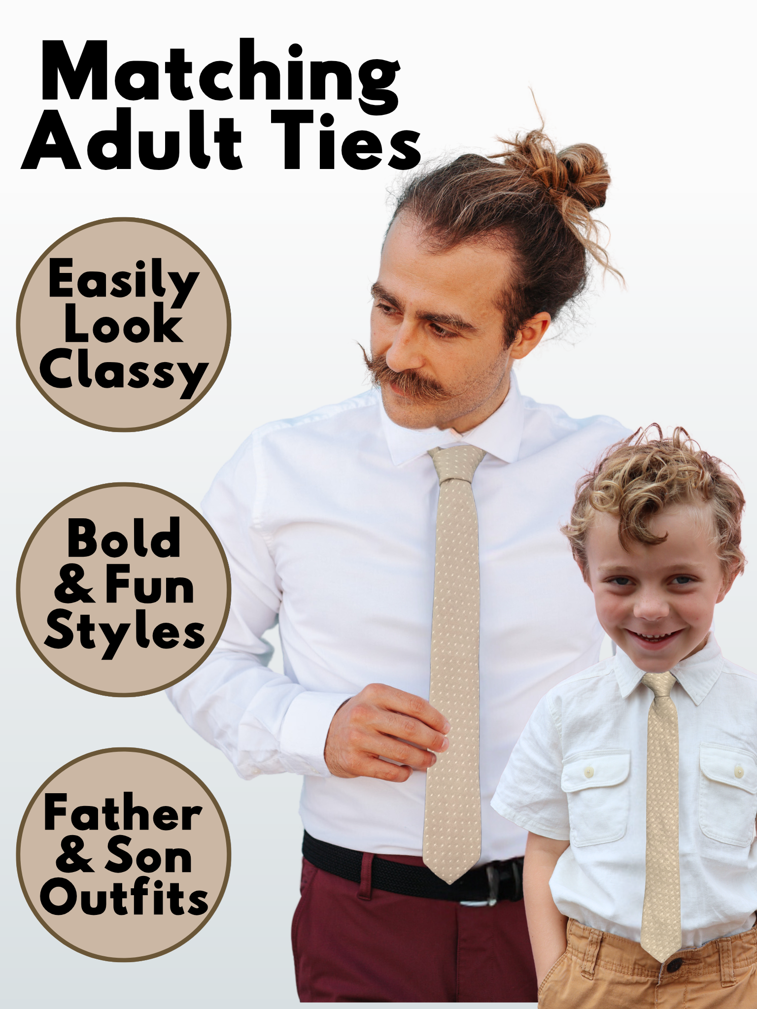 A man in a sandy tan and white polka dot modern slim necktie that is 2.5 inches wide and made of cotton.