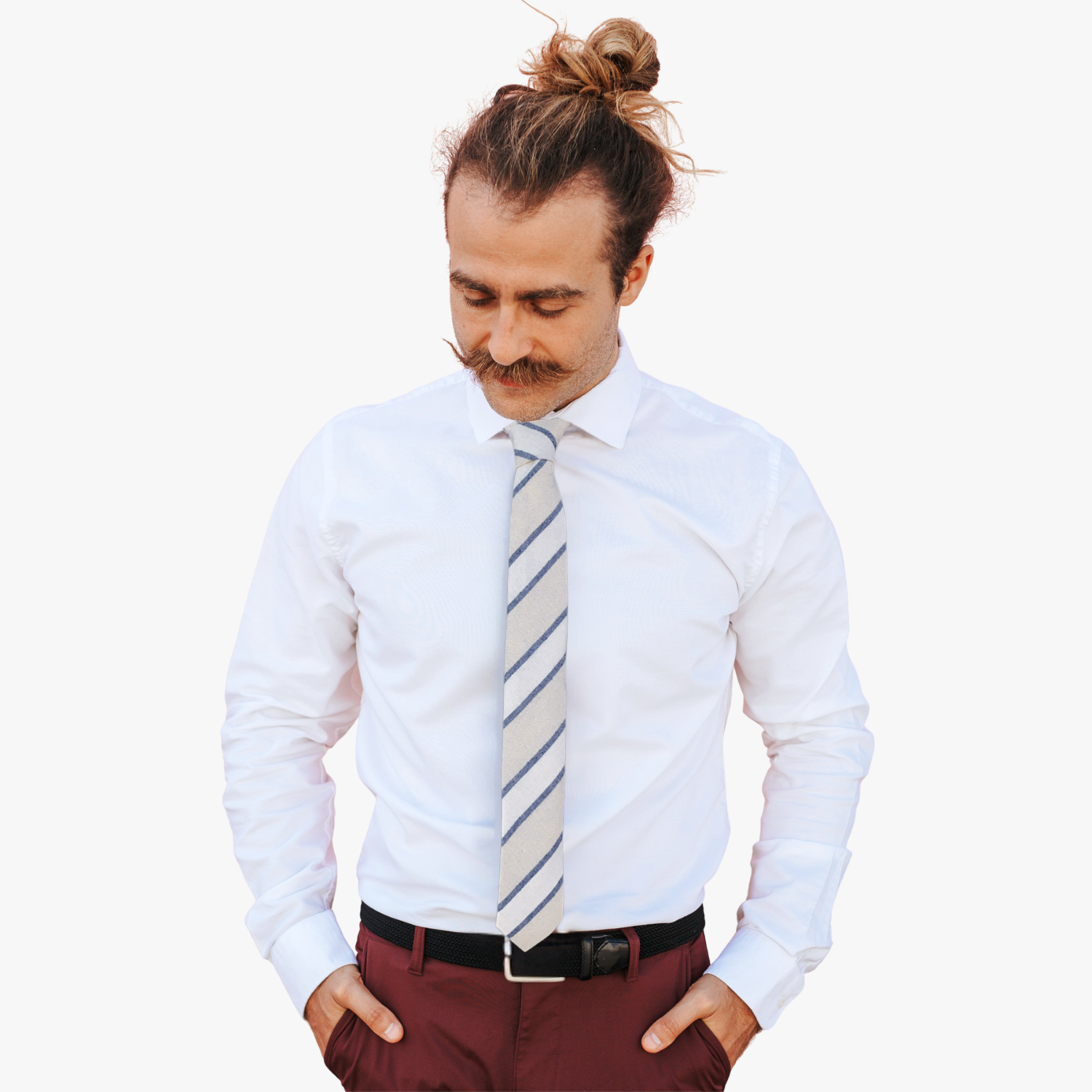A man wearing a striped tie with alternating lines of dark blue and beige on light gray fabric.