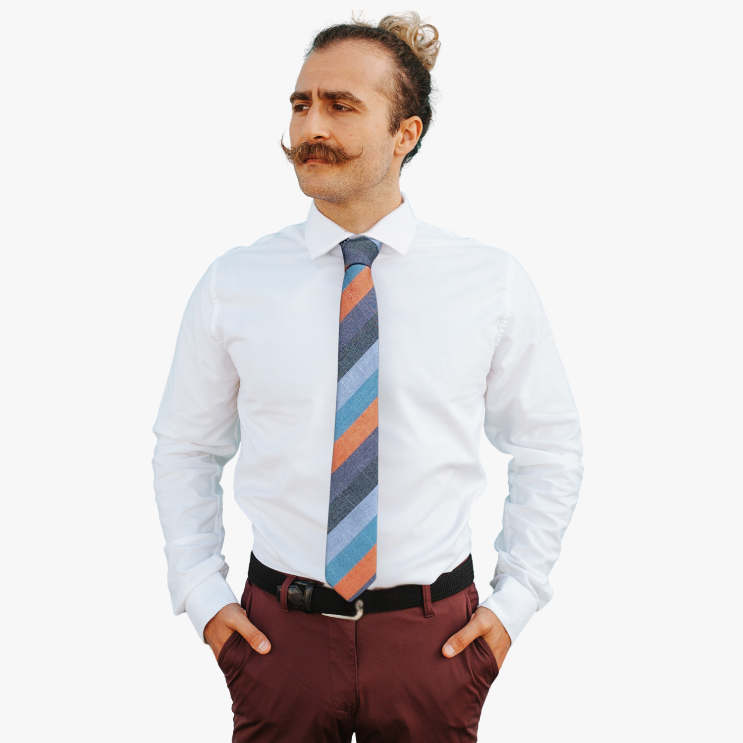 A man wearing a striped tie with light blue stripes, thick orange lines, navy bars, and a bright colored design.