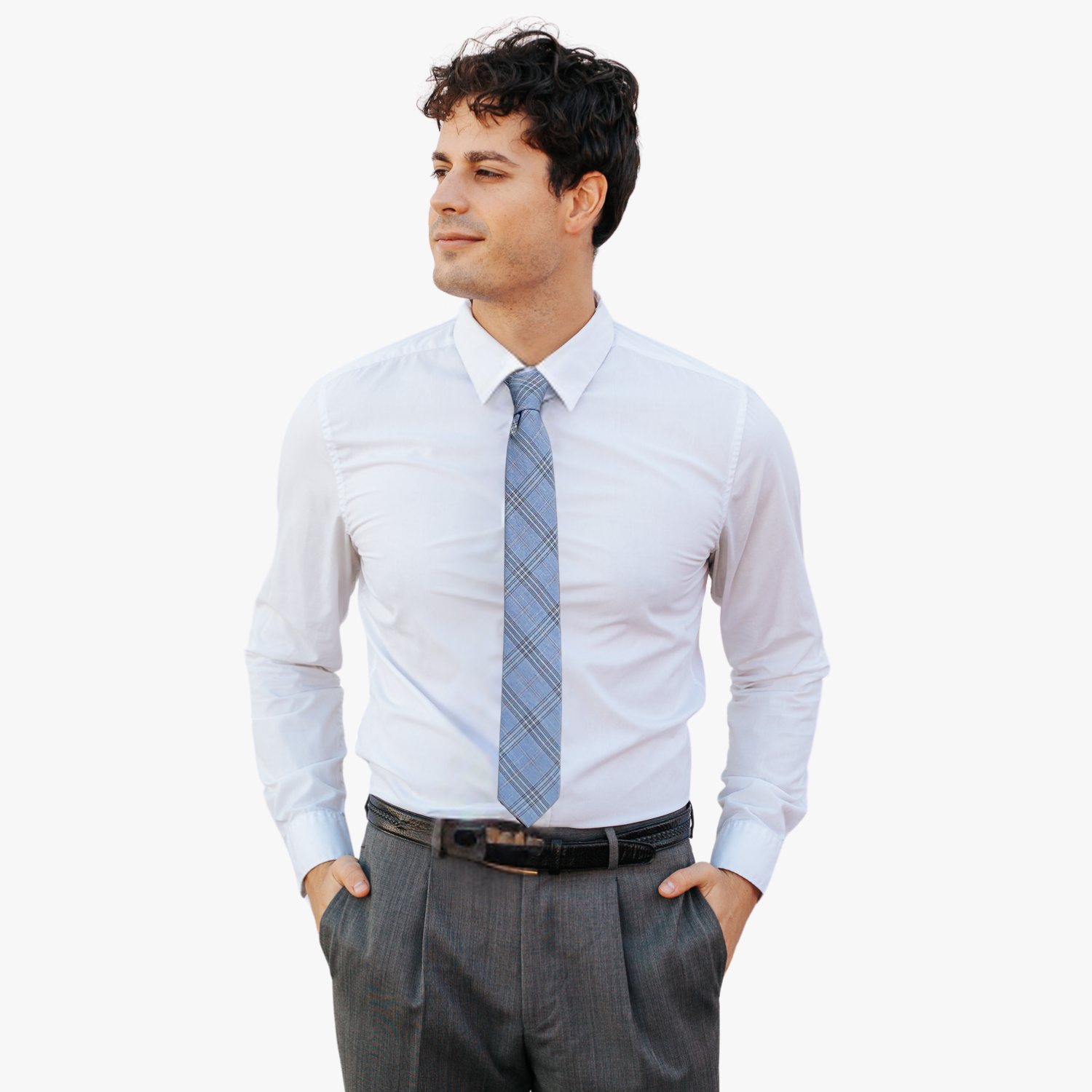 A man wearing a plaid tie with light blue fabric and thin black lines in an intersecting pattern.