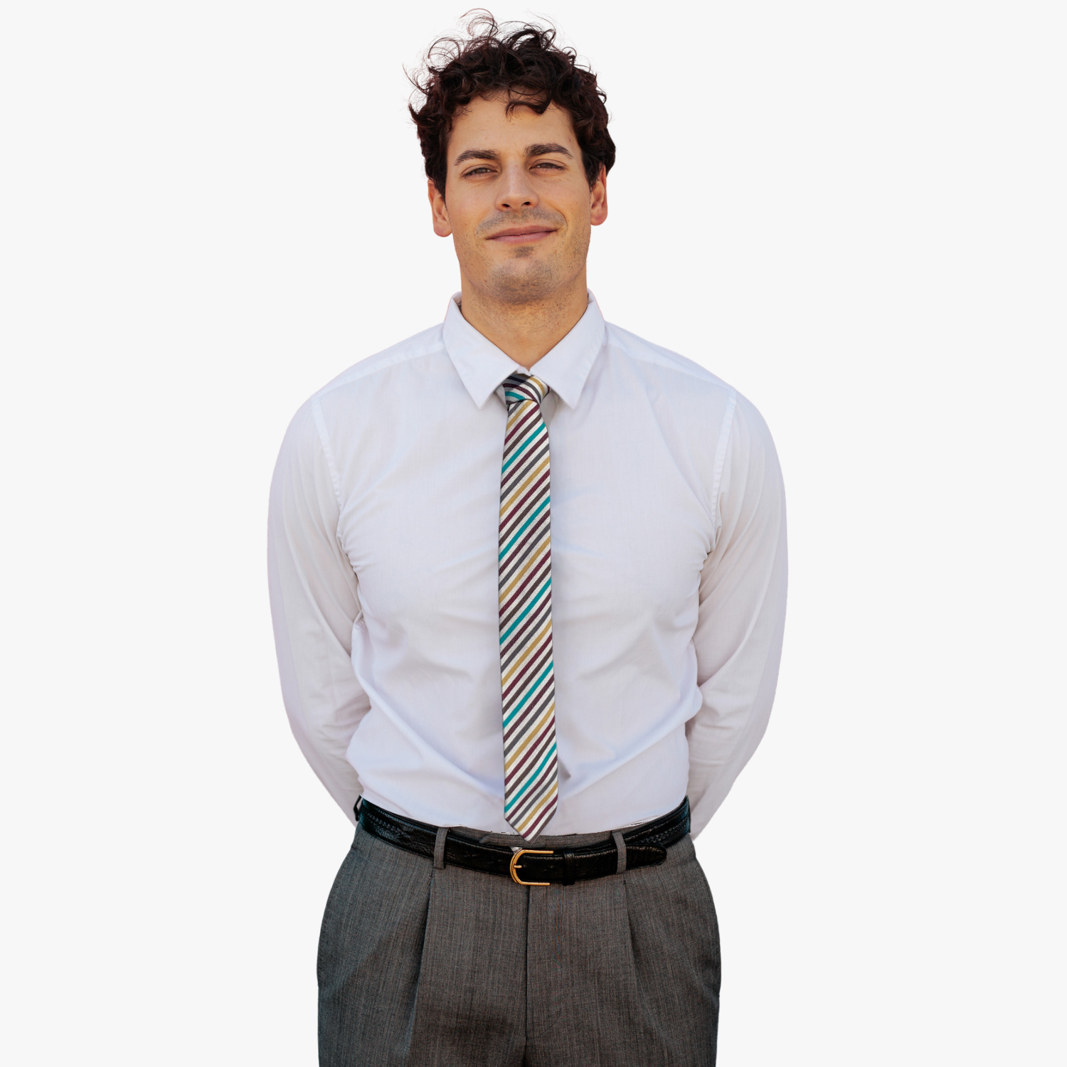 A man wearing a striped tie with dark red stripes, thin yellow lines, turquoise bars, and a beige fabric.