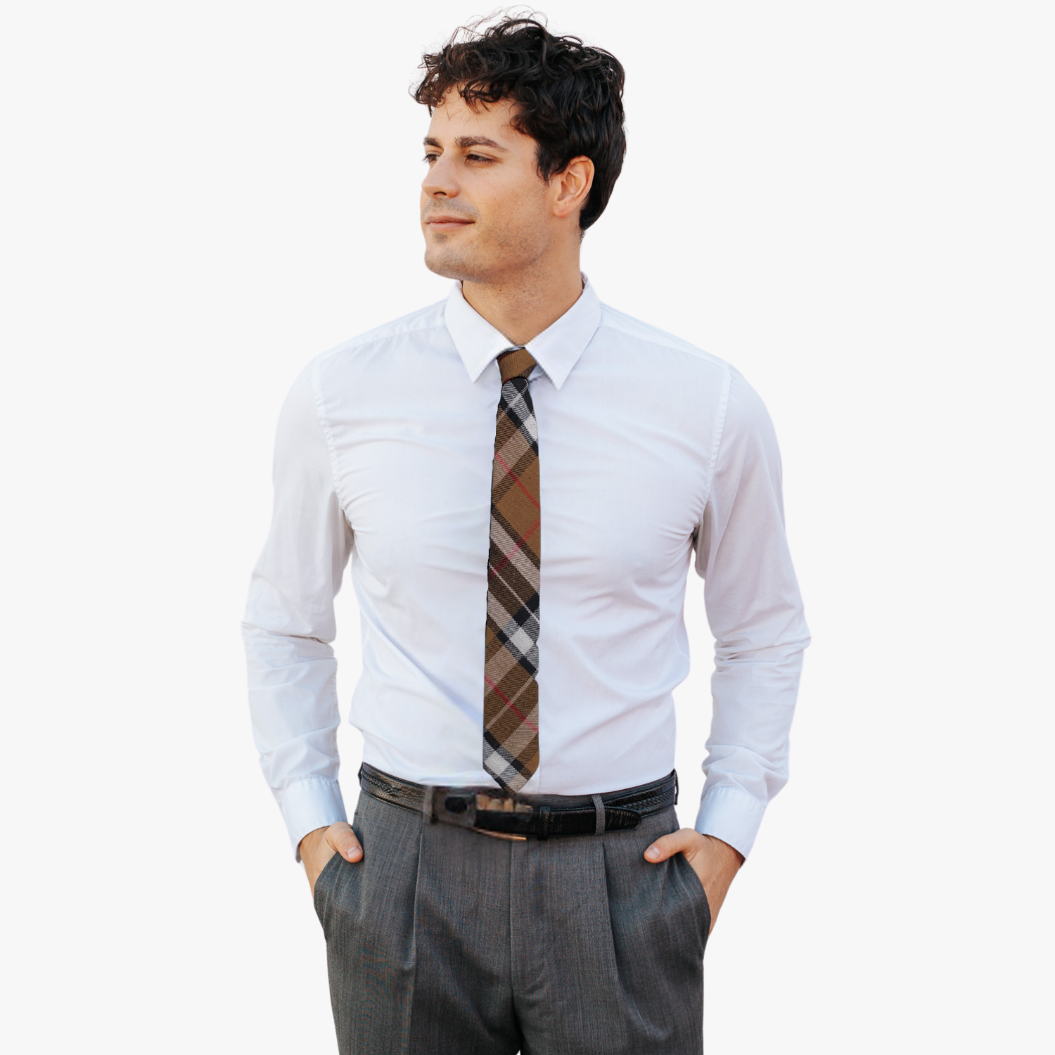 A man wearing a plaid tie with brown fabric, thin red lines, black bars, and colorful diagonal grid.