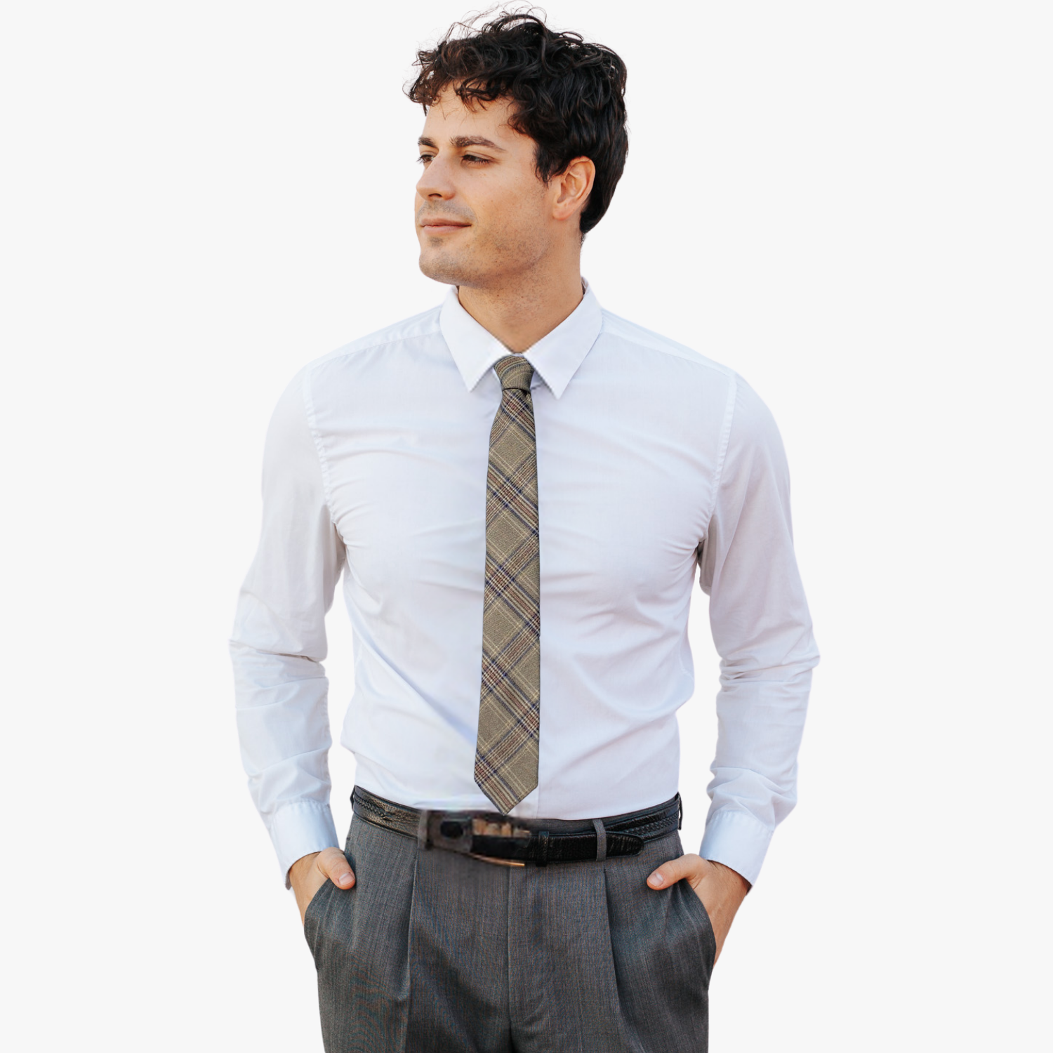 A man wearing a plaid tie with brown fabric, thin beige lines, narrow blue bars, and colors.