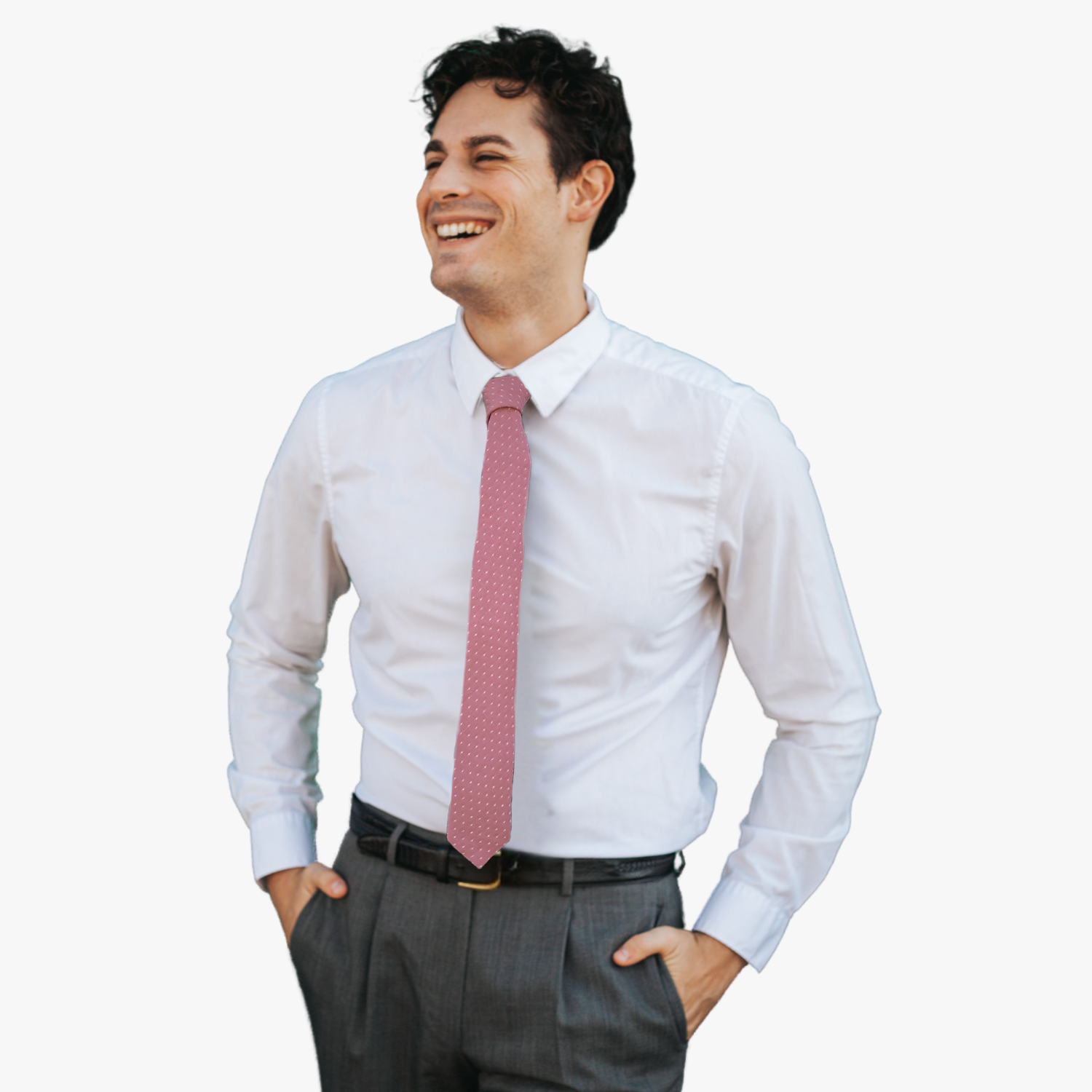 A man wearing a polka dot tie with a fuchsia pink fabric and a simple repeating pattern of white dots or spots.