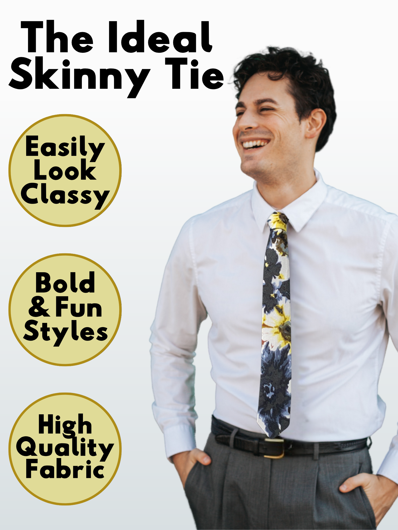 A man in a yellow, black, and blue floral modern slim necktie that is 2.5 inches wide and made of cotton.