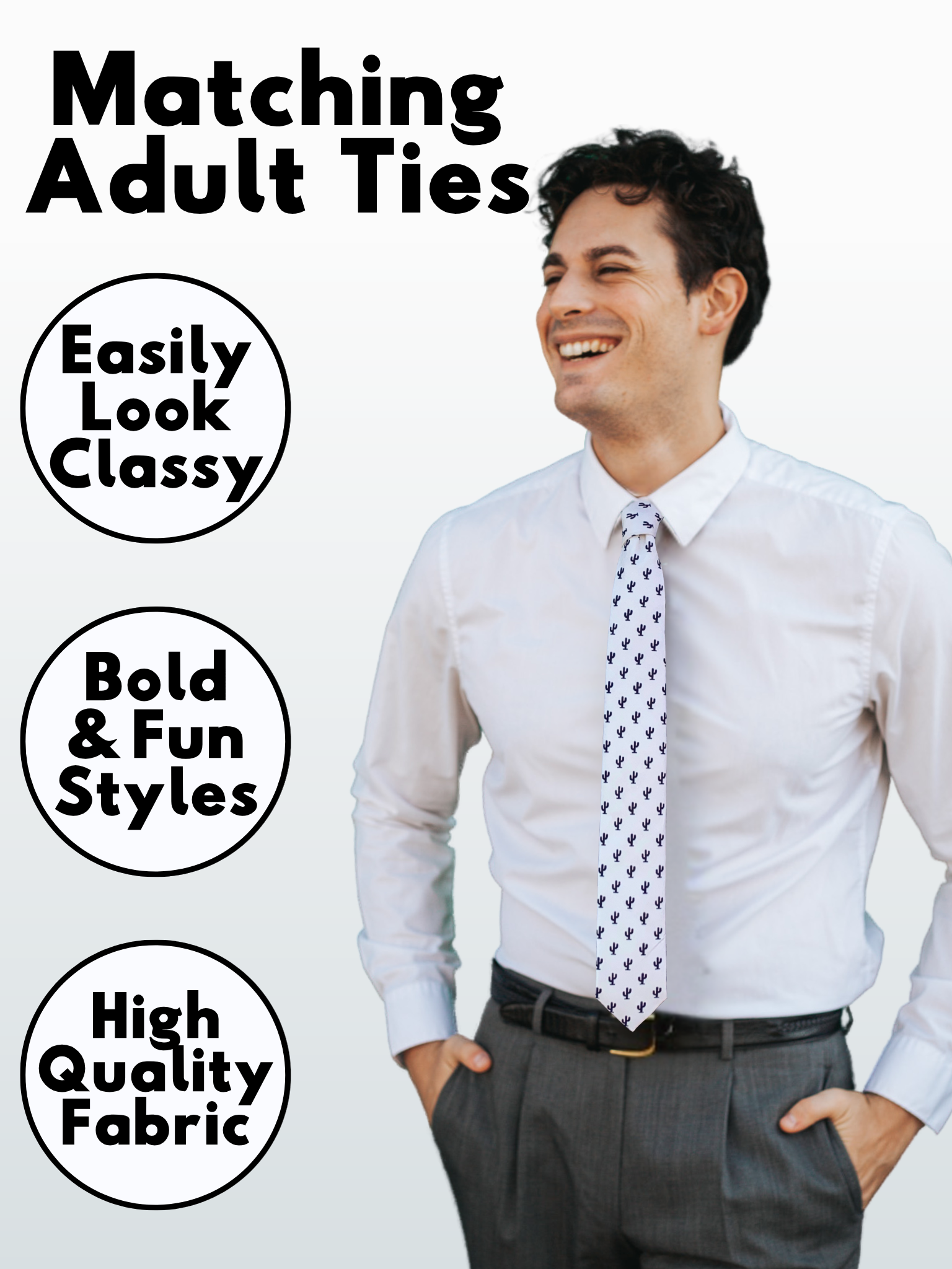 A man in a black and white Arizona desert cactus modern slim necktie that is 2.5 inches wide and made of cotton.