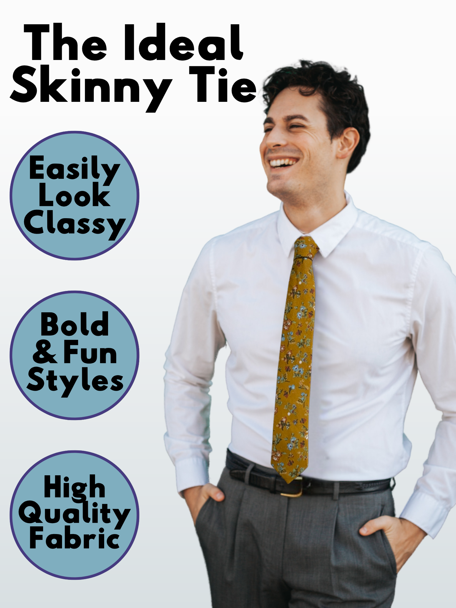 A man in a dark yellow, pale blue, green, red, and white floral modern slim tie that is 2.5 inches wide and made of cotton.