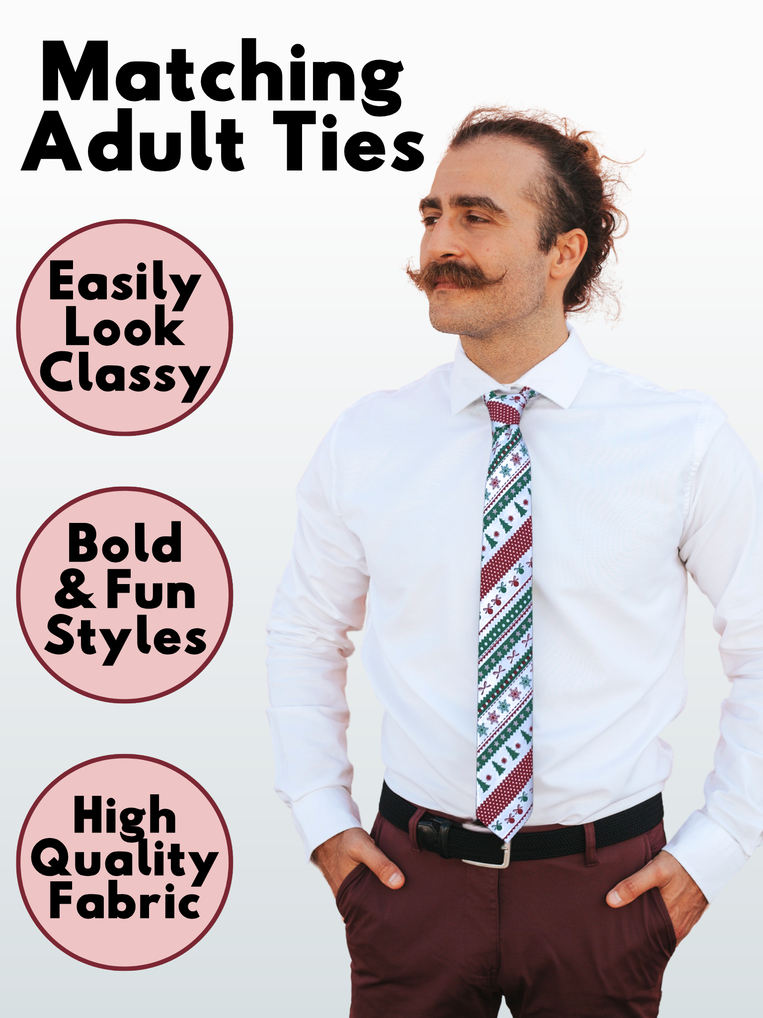A man in a green and red ugly Christmas sweater modern slim necktie that is 2.5 inches wide and made of cotton.