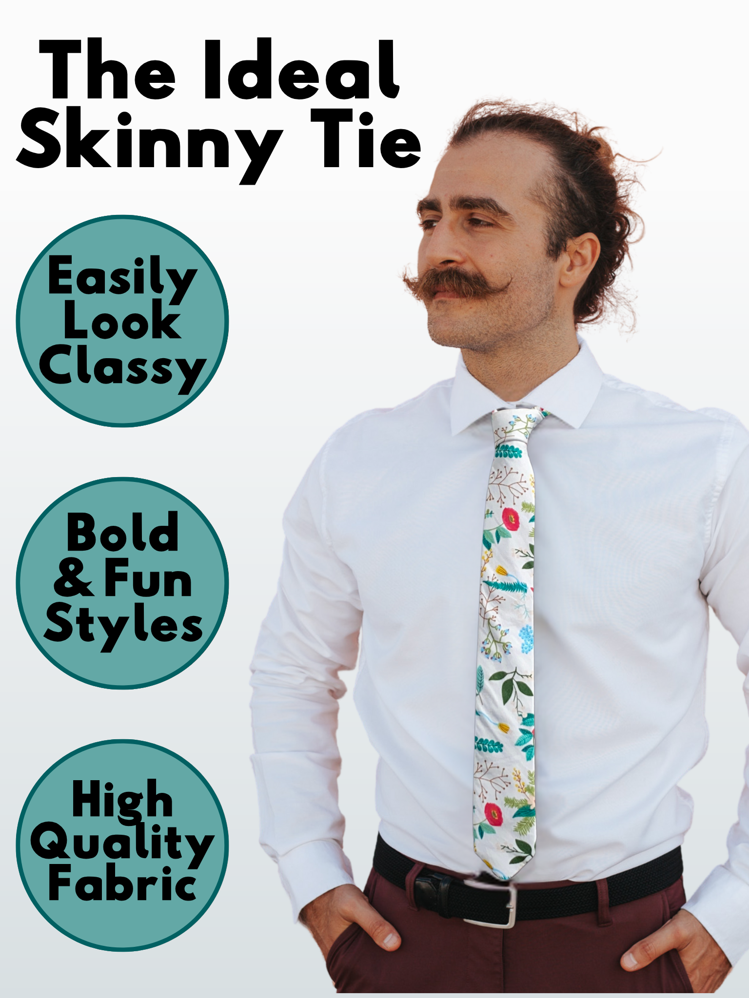 A man in a white, red, brown, and pale green floral modern slim necktie that is 2.5 inches wide and made of cotton.