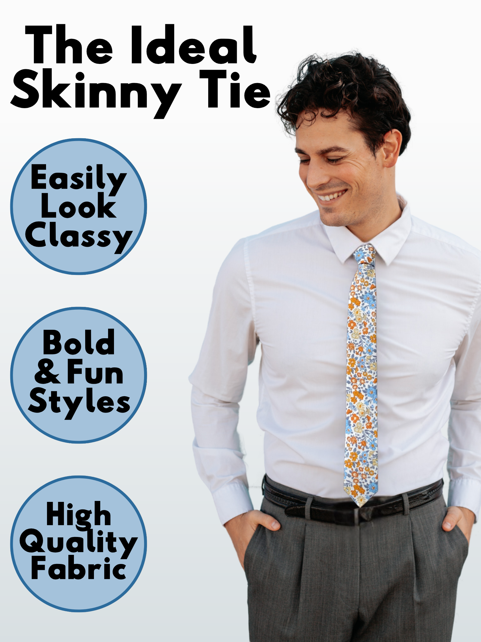 A man in a white, dark orange, pale blue, and yellow floral modern slim necktie that is 2.5 inches wide and made of cotton.