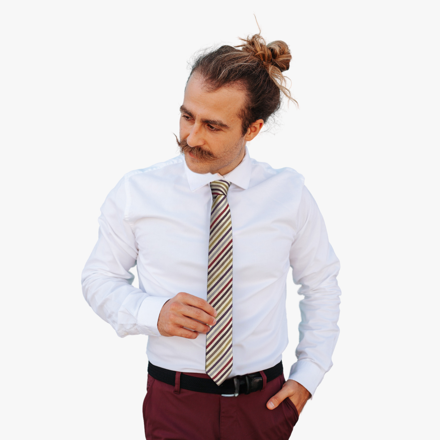 A man wearing a striped tie with dark red stripes, thin ochre lines, purple bars, and colorful diagonal designs.