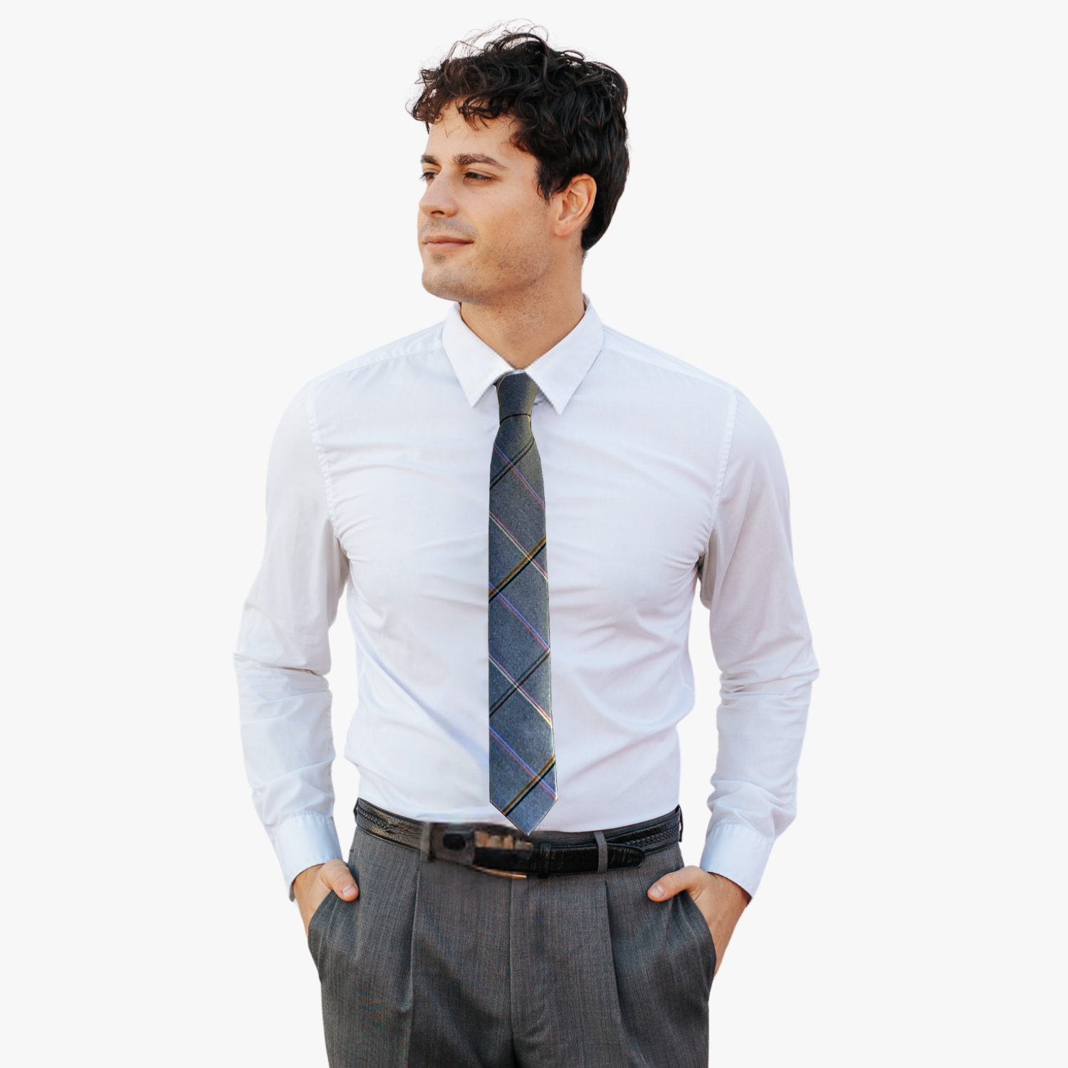 A man wearing a grid tie with gray fabric, a grid of intersecting thin blue, red, yellow, and pink lines, and a soft feel.
