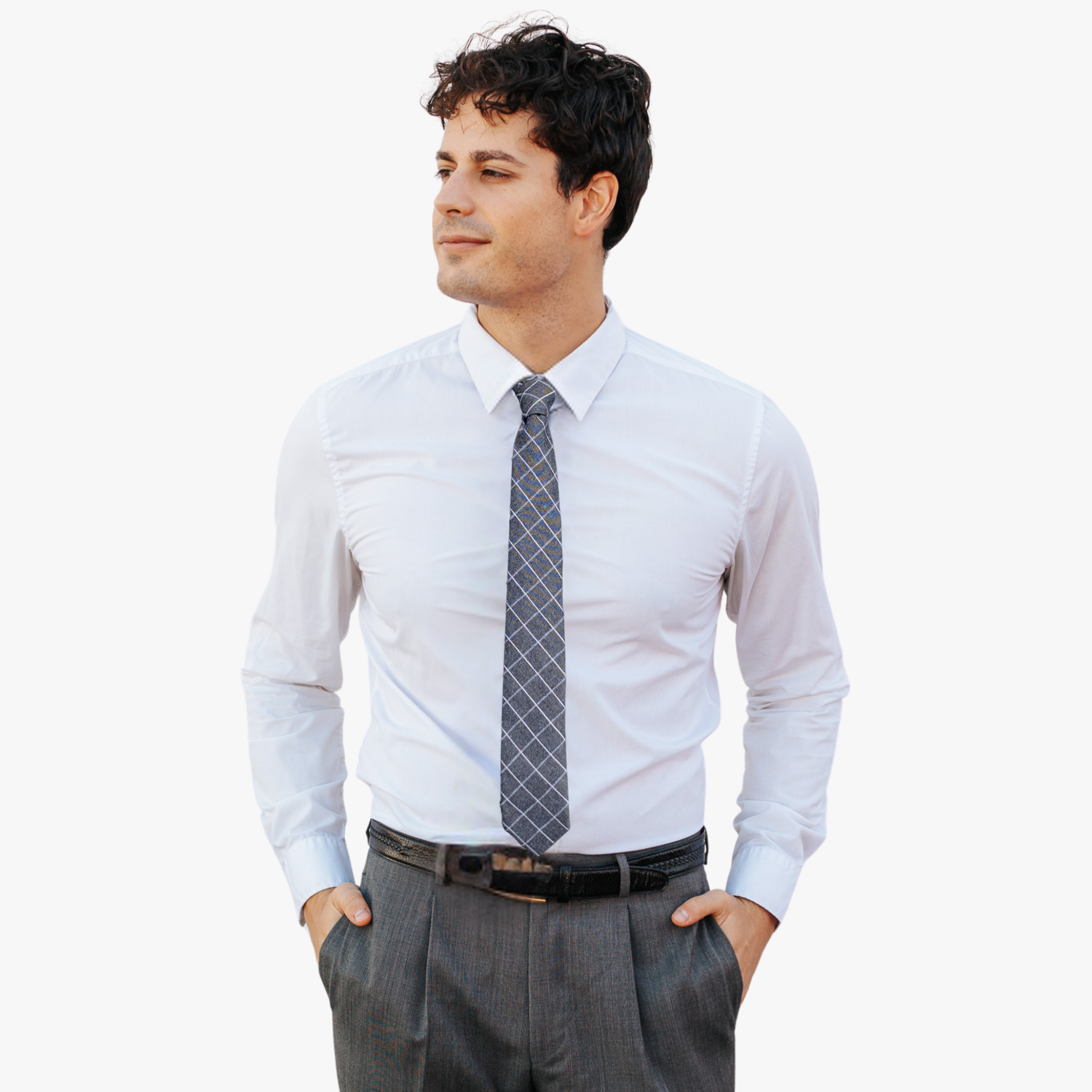 A man wearing a grid tie with light gray fabric, intersecting thin white lines, and a geometric grid.