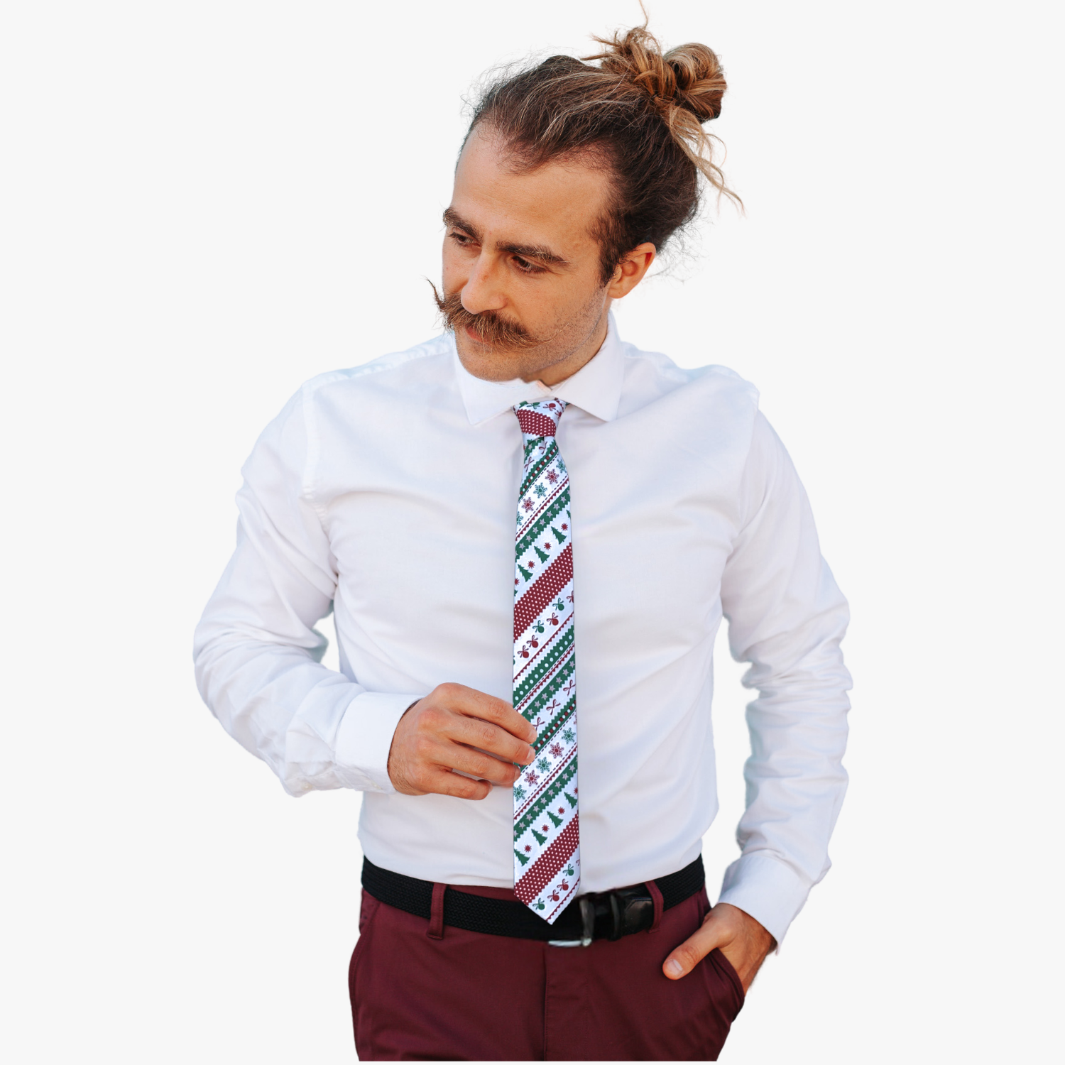 A man wearing a ugly Christmas sweater tie with lines of green pine trees, red ornaments, green snowflakes, and gift bows.