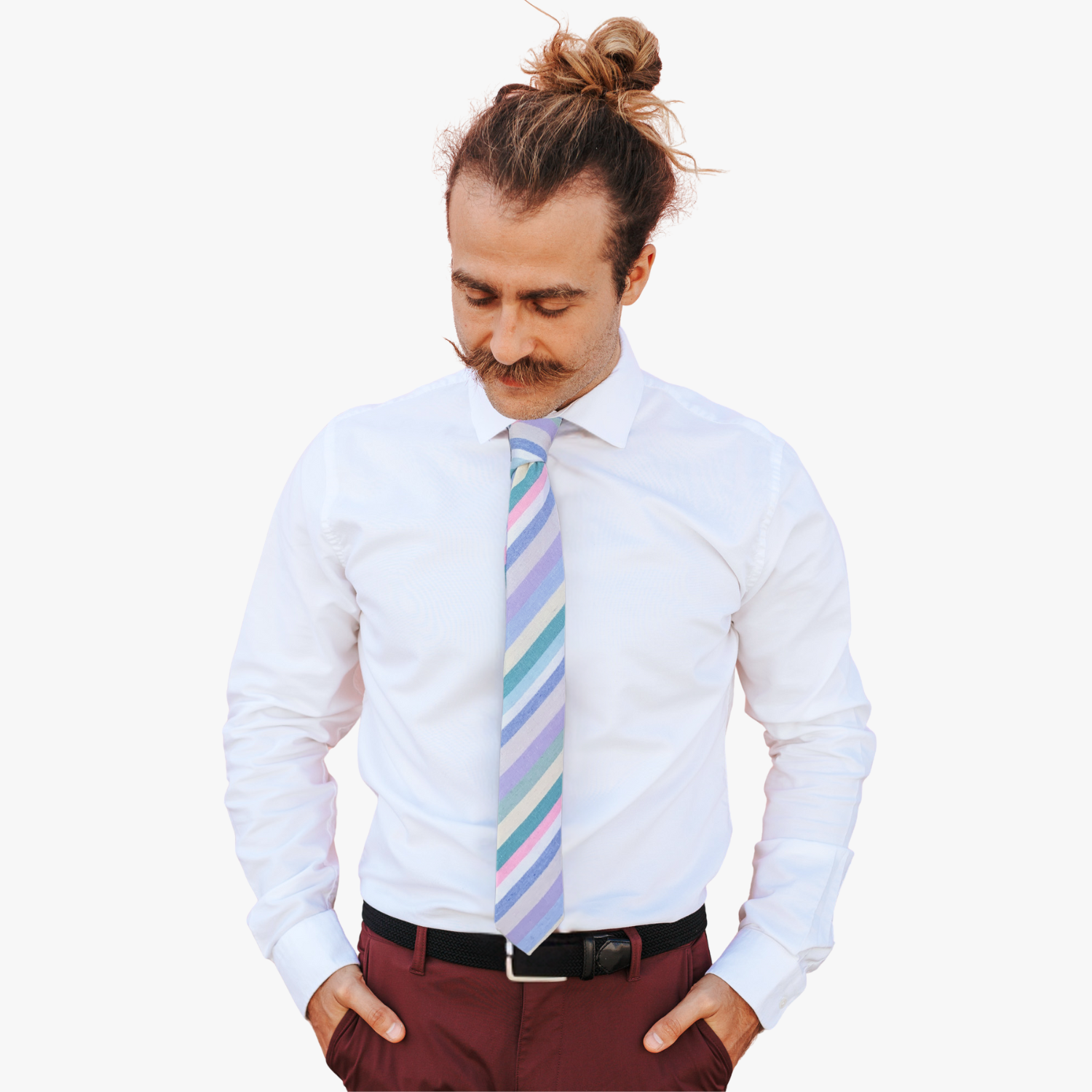 A man wearing a striped tie with pastel Easter colors of pink, lavender, white, pale blue, and light green.