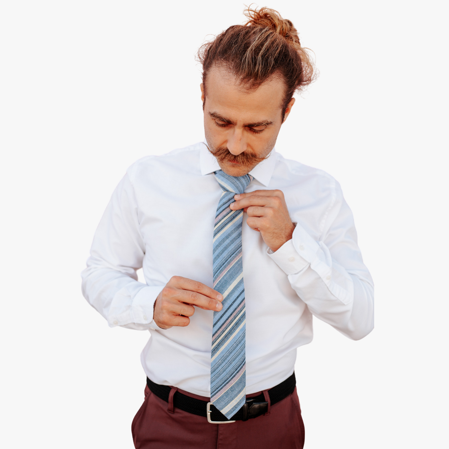 A man wearing church clothes and a striped tie with pastel blue stripe, navy lines, yellow bars and diagonal designs.