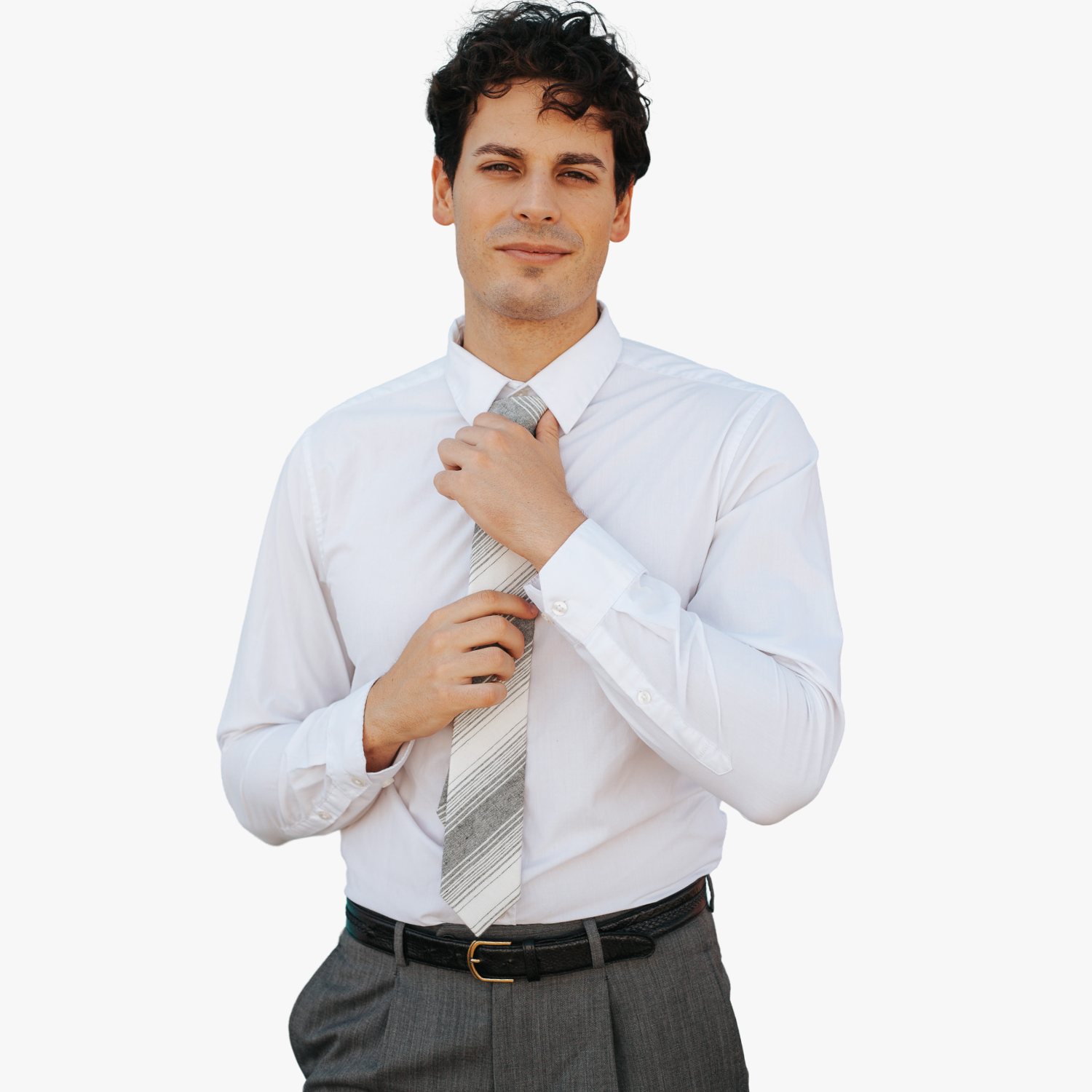 A man wearing church clothes and a striped tie with navy blue stripe, thin beige cream lines,  and diagonal designs.