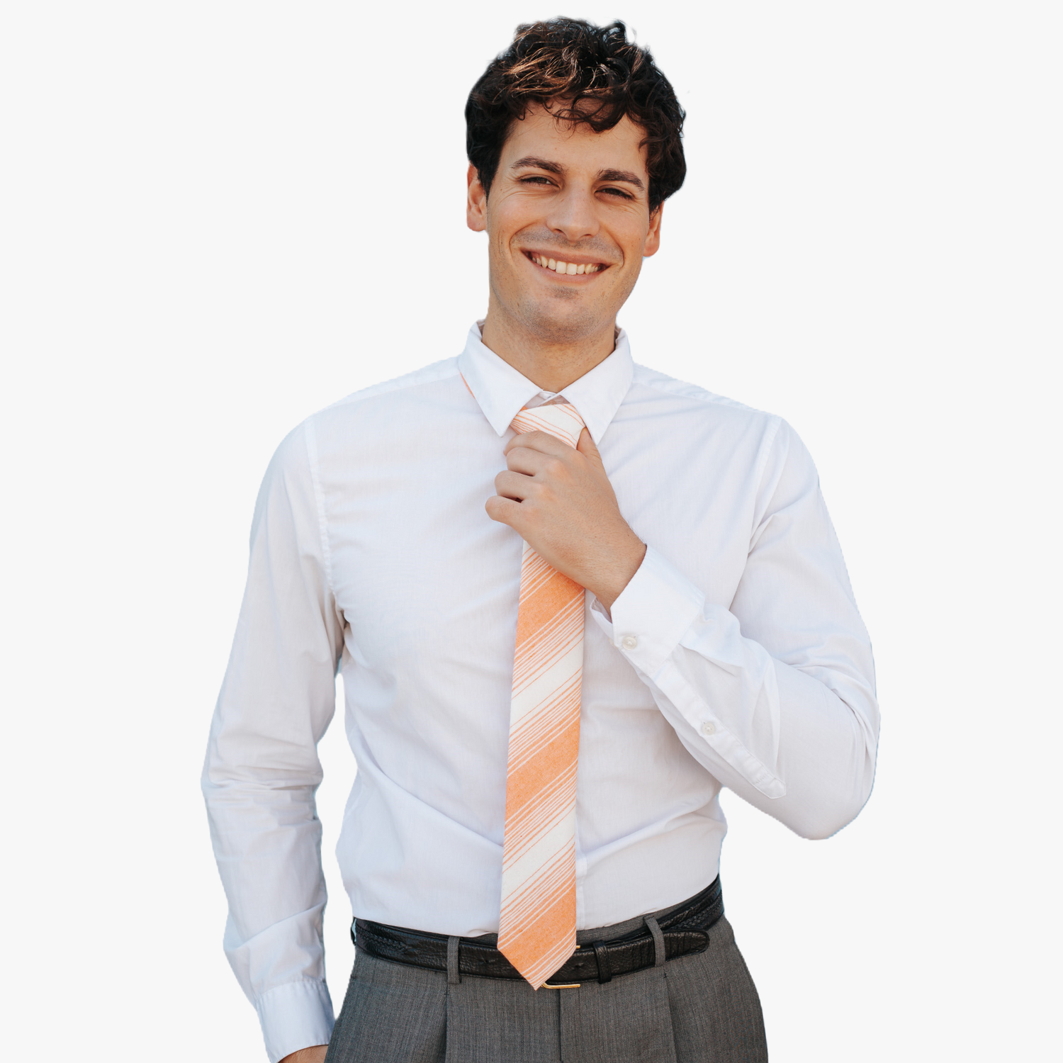 A man wearing church clothes and a striped tie with orange stripe, thin beige cream lines,  and off-white diagonal designs.