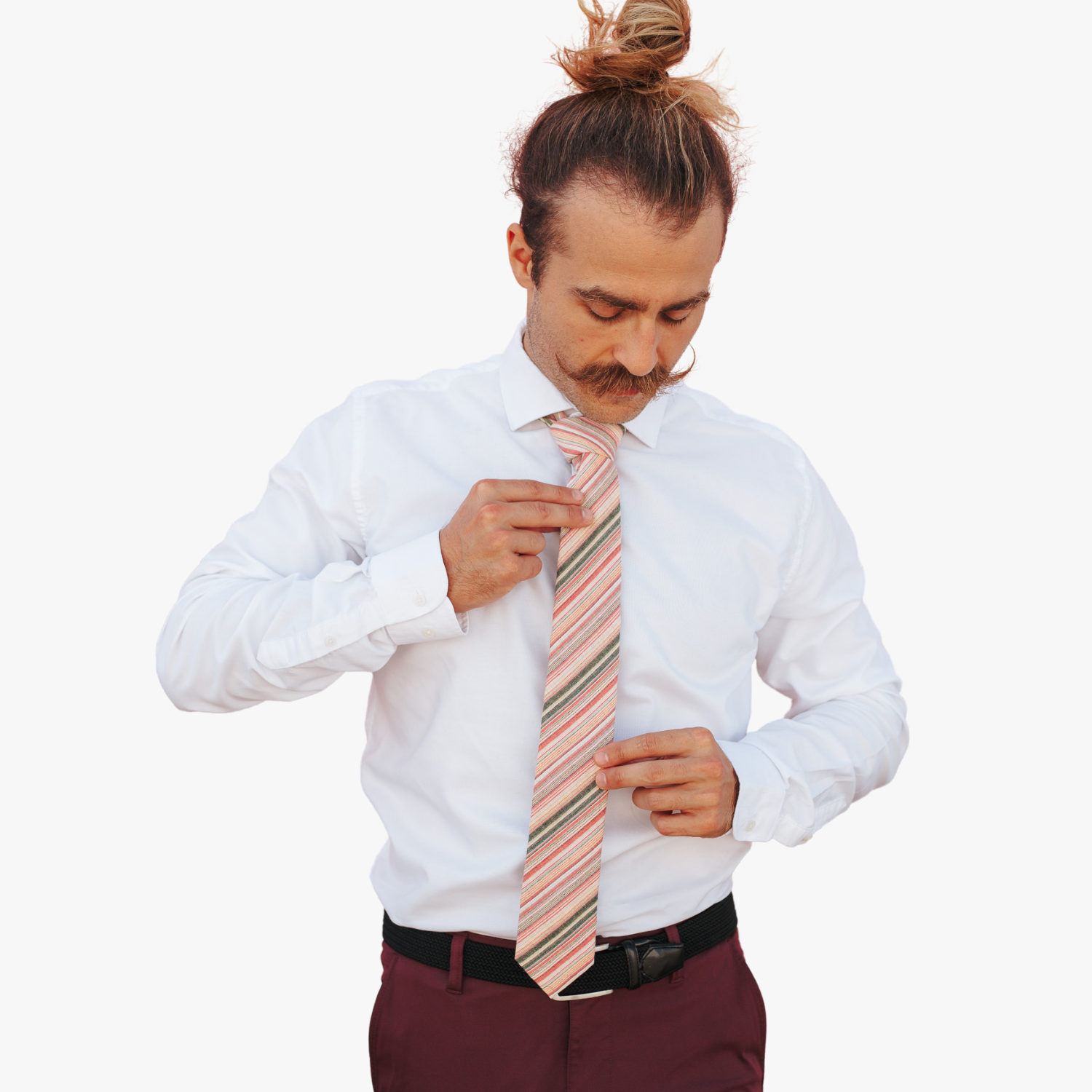A man wearing church clothes and a striped tie with hot pink stripe, tan yellow lines, dark bars and diagonal designs.