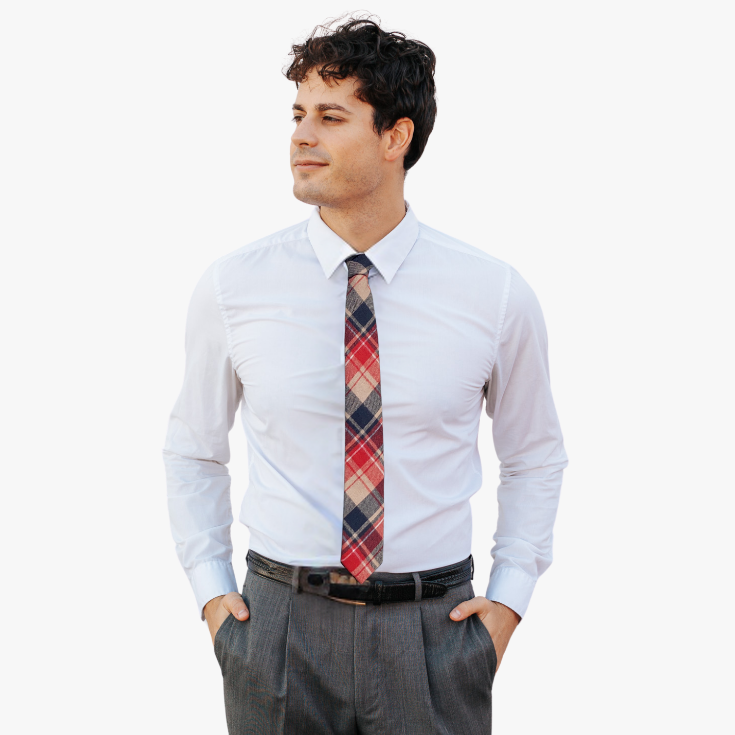 A man wearing a plaid tie with red fabric, thin beige lines, navy blue bars, and a Christmas feeling.