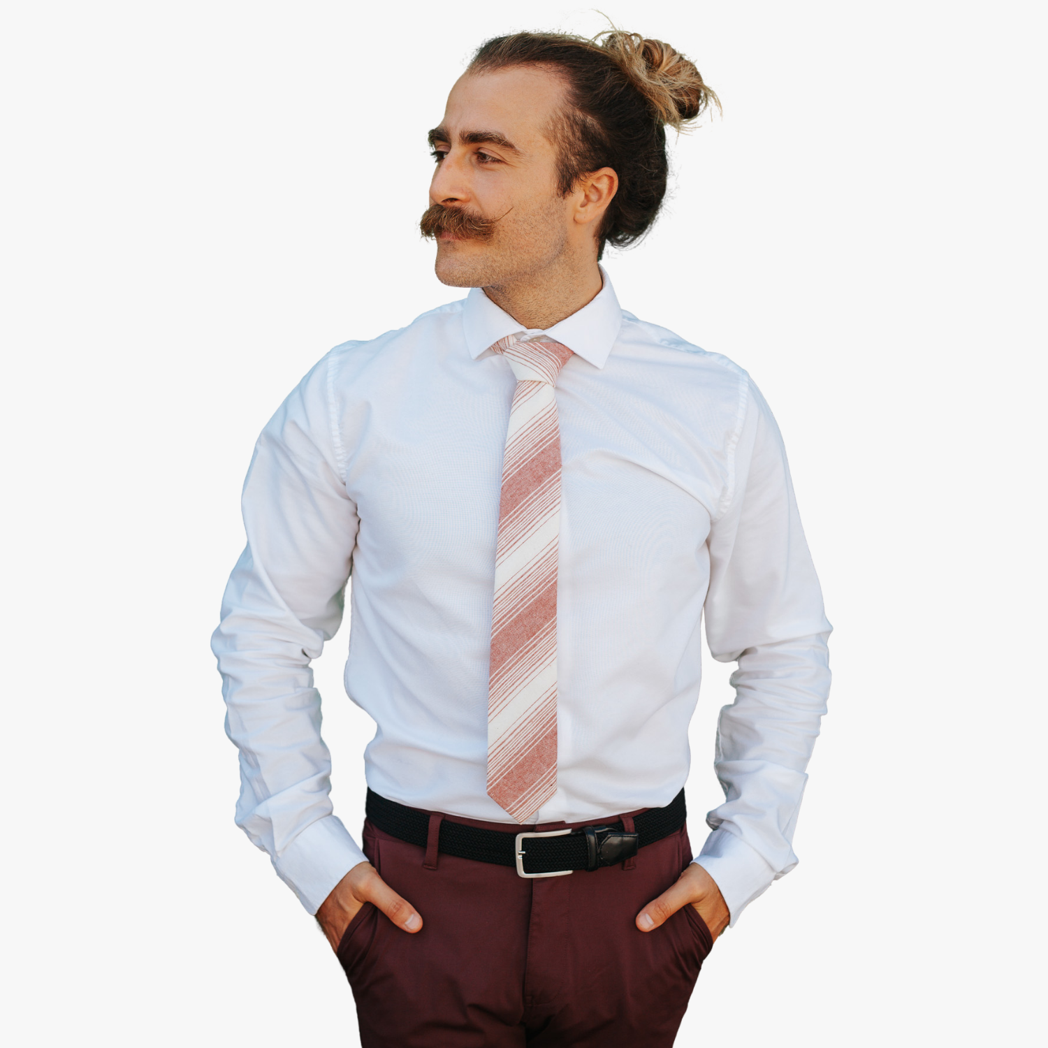 A man wearing a striped tie with crimson red stripe, thin beige cream lines,  and off-white diagonal designs.
