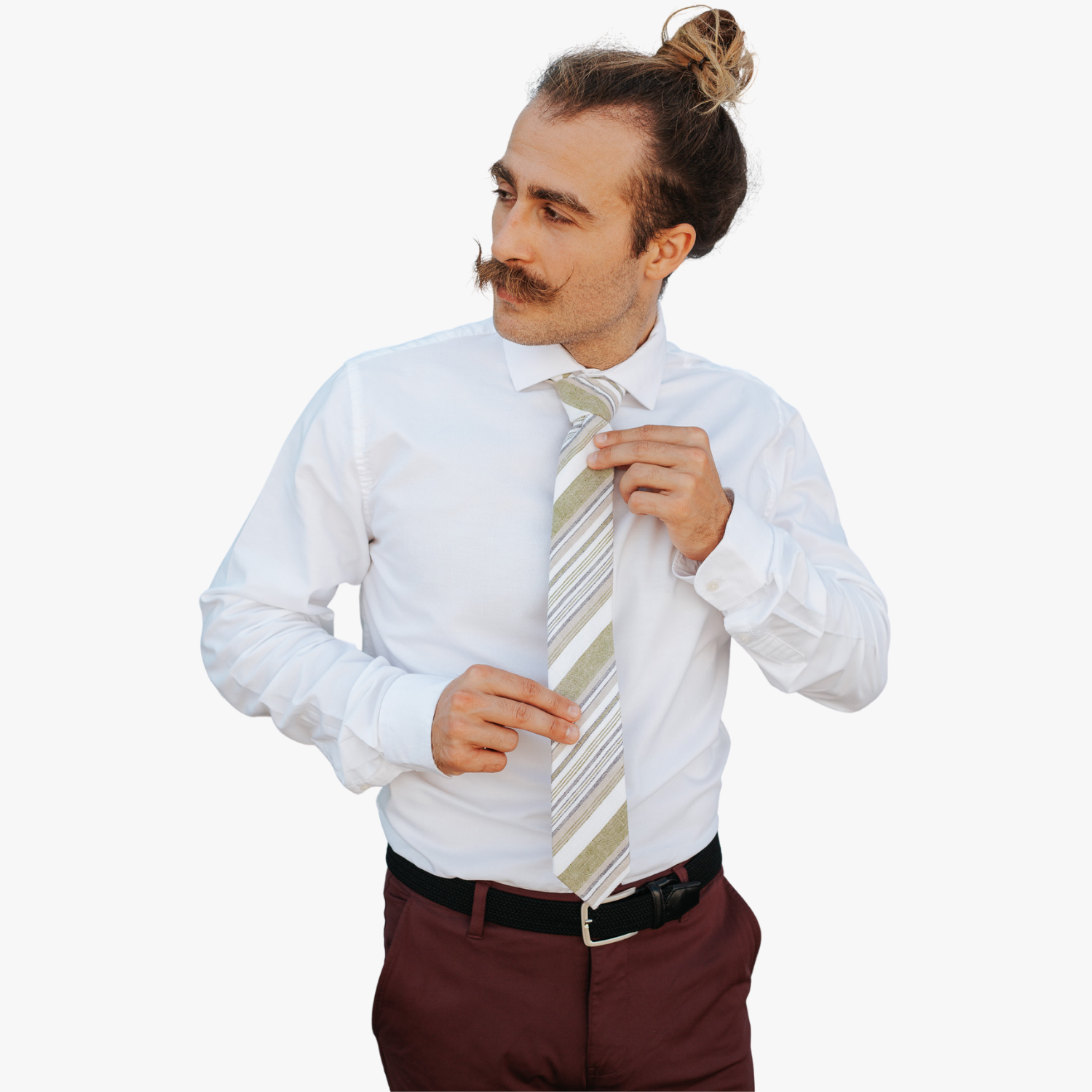 A man wearing church clothes and a striped tie with thin gold stripe, thick tan lines, white bars and diagonal designs.