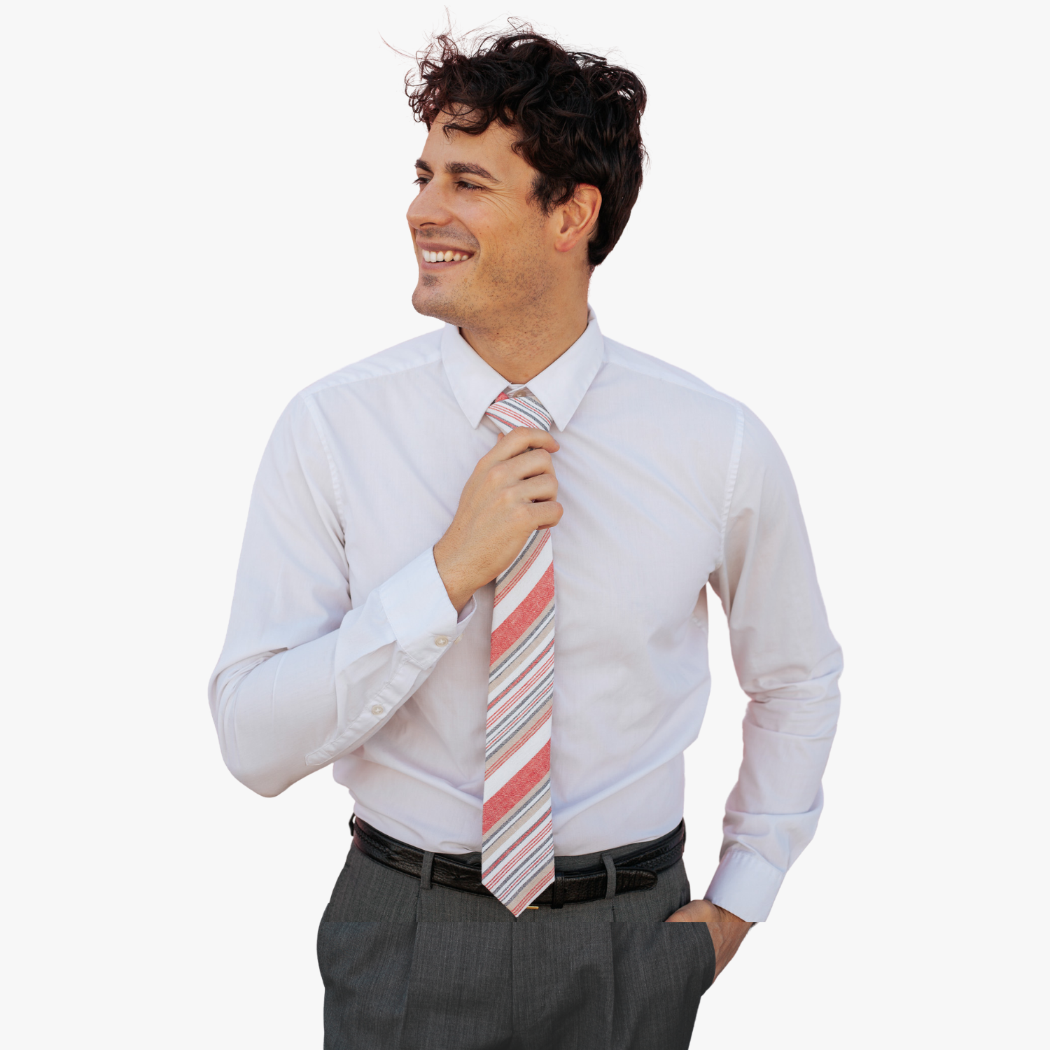 Adult mens striped tie with blood red stripe, white lines, gold bars, and diagonal designs for new professional headshots.
