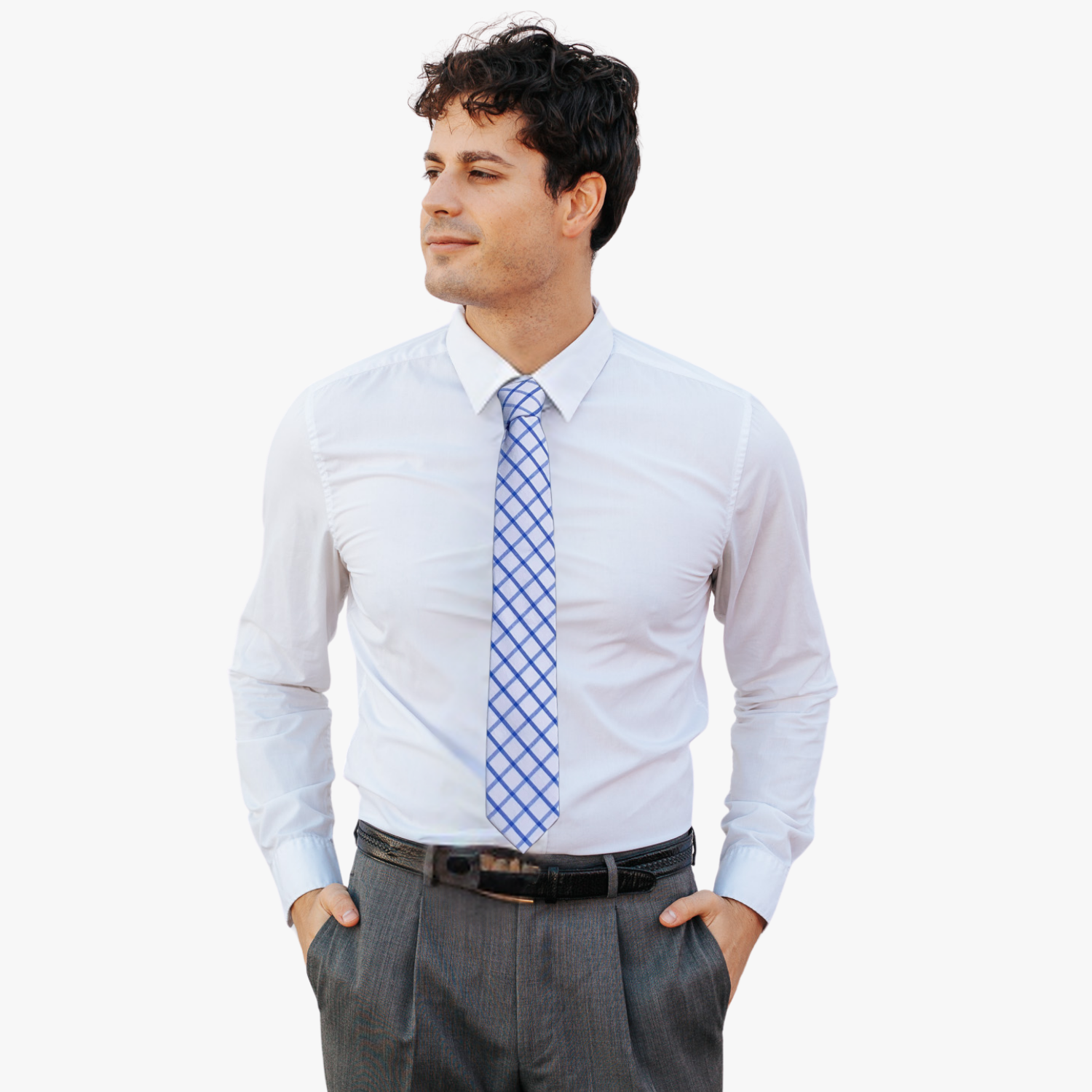 A man wearing a grid tie with snow white fabric and criss-cross navy and light blue lines in a geometric grid pattern.