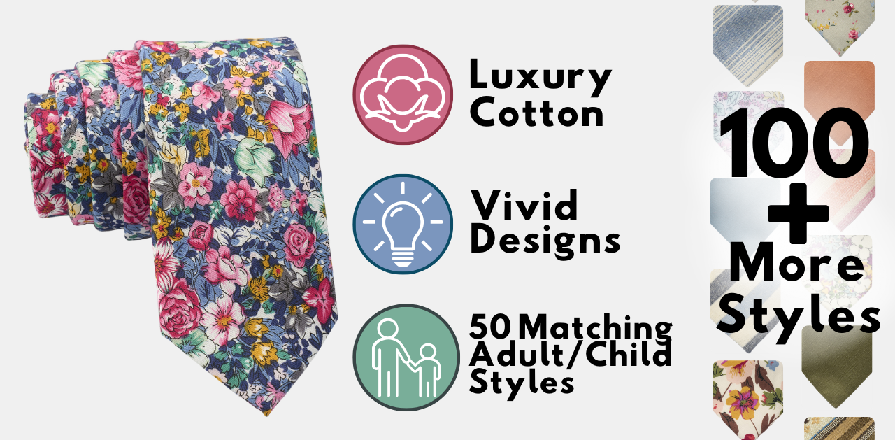 An image of a blue, red, and green floral tie that promotes it's colors and cotton fabric.