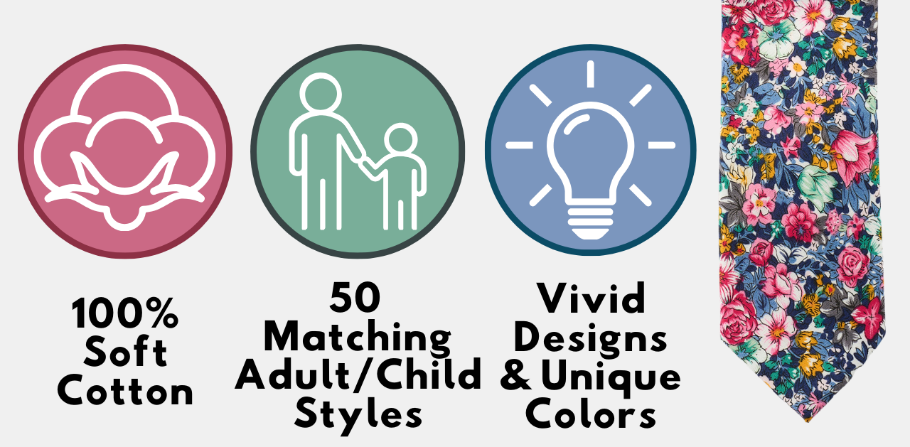 3 Icons representing the cotton construction, matching child and adult sizes, and unique colors of Otis and Oliver ties.