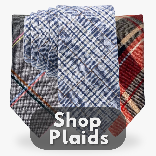 A button showing 3 styles of plaid neckties made of cotton.